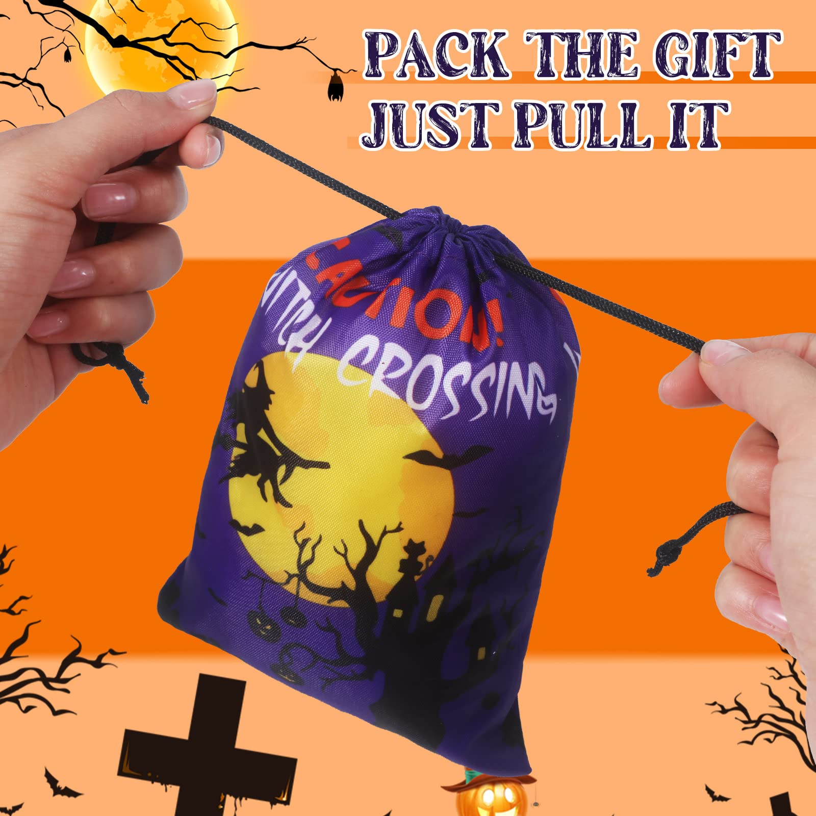 Leifide 24 Pcs Halloween Drawstring Candy Bags - 7x5 Inch Trick or Treat Treat Bags, Pumpkin Goodie Bags for Halloween Party Favors, School Events & Classroom Treats