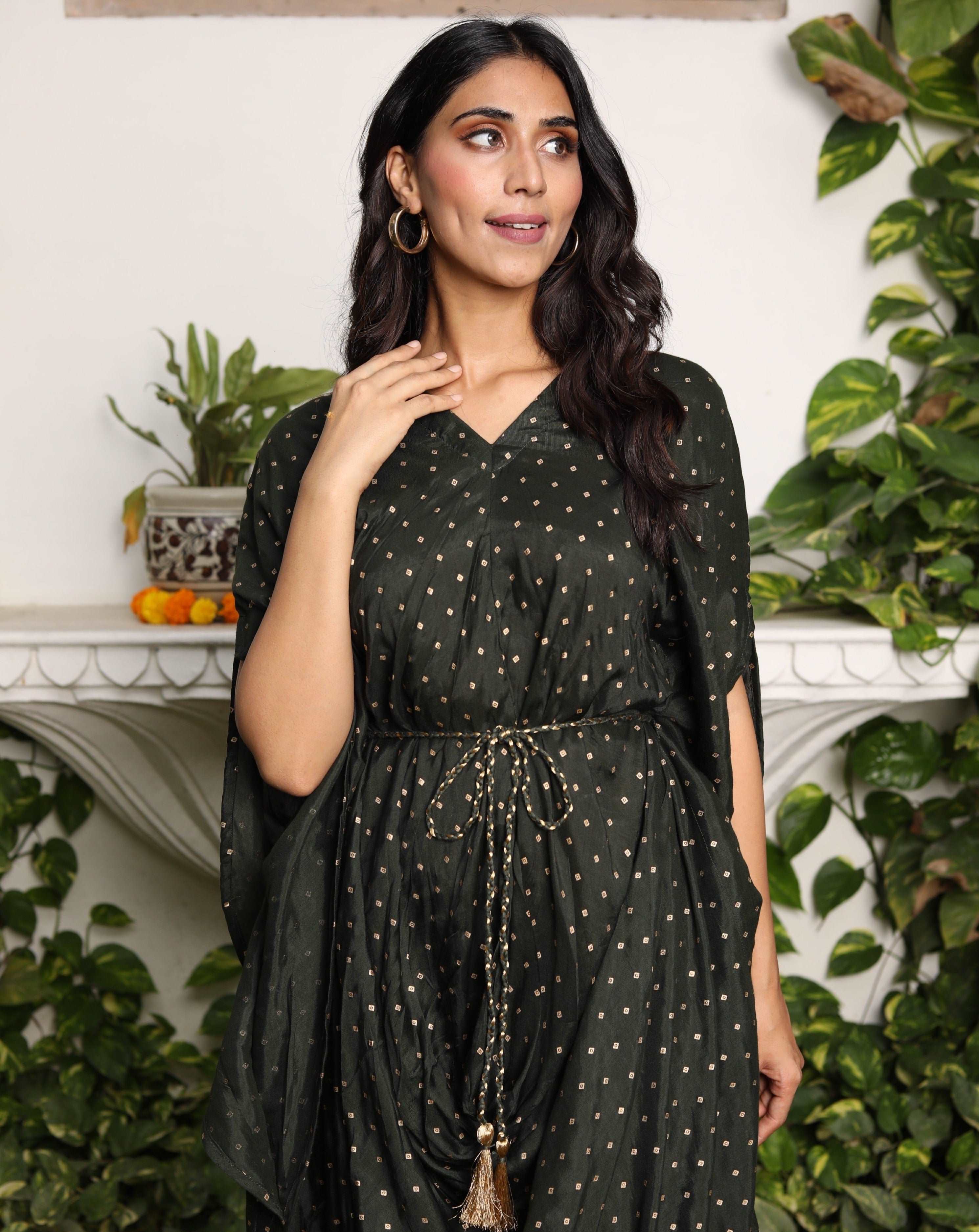 Elegant Green Flared Cowl Neck Dress for Women - Boho Chic Midi Dress for Casual Wear, Date Night & Special Occasions