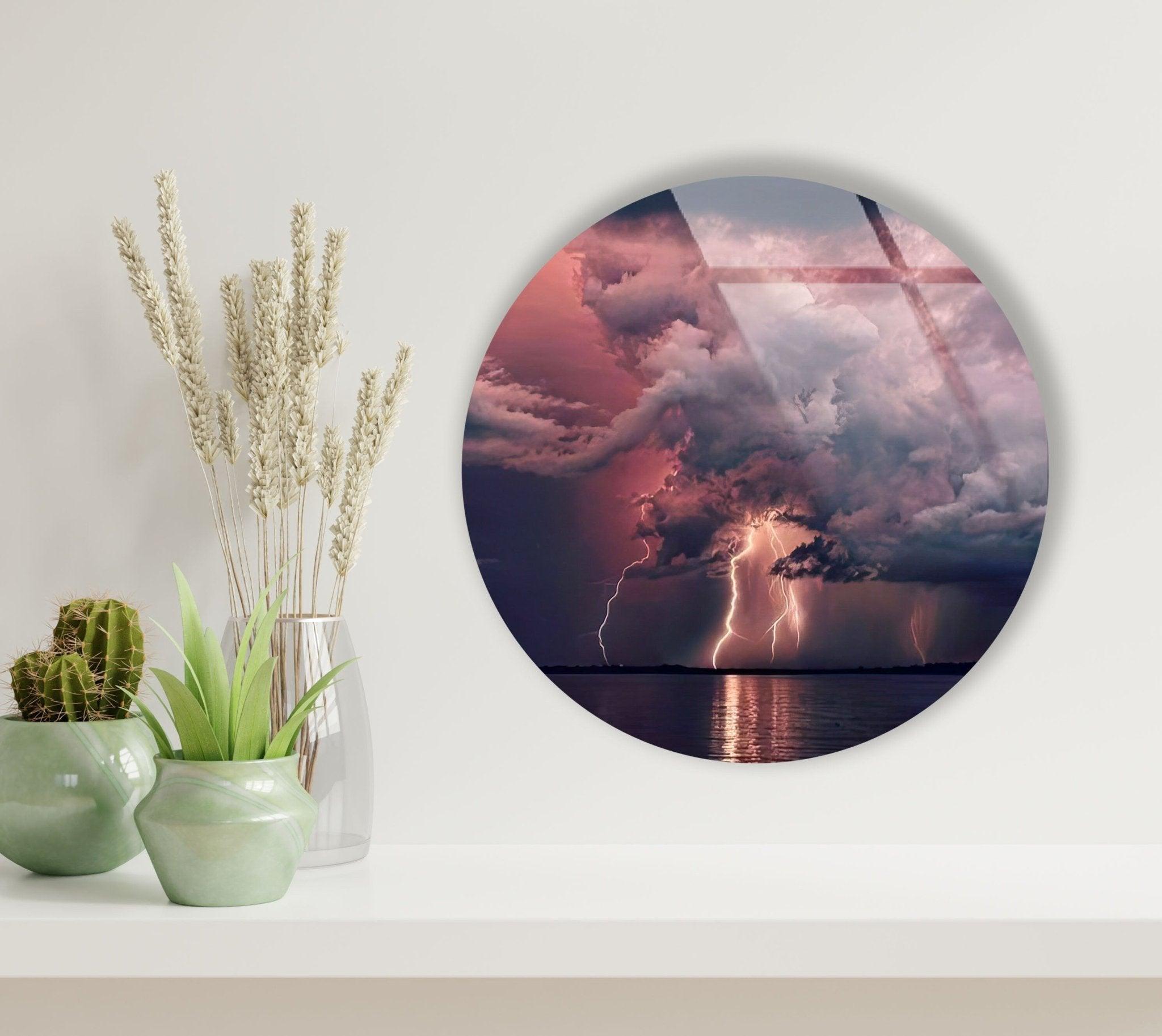 Abstract Round Lightning Glass Wall Art - Modern Home Decor for Living Room, Bedroom & Office - Shatterproof & UV Resistant - Perfect for Gifts & Interior Design