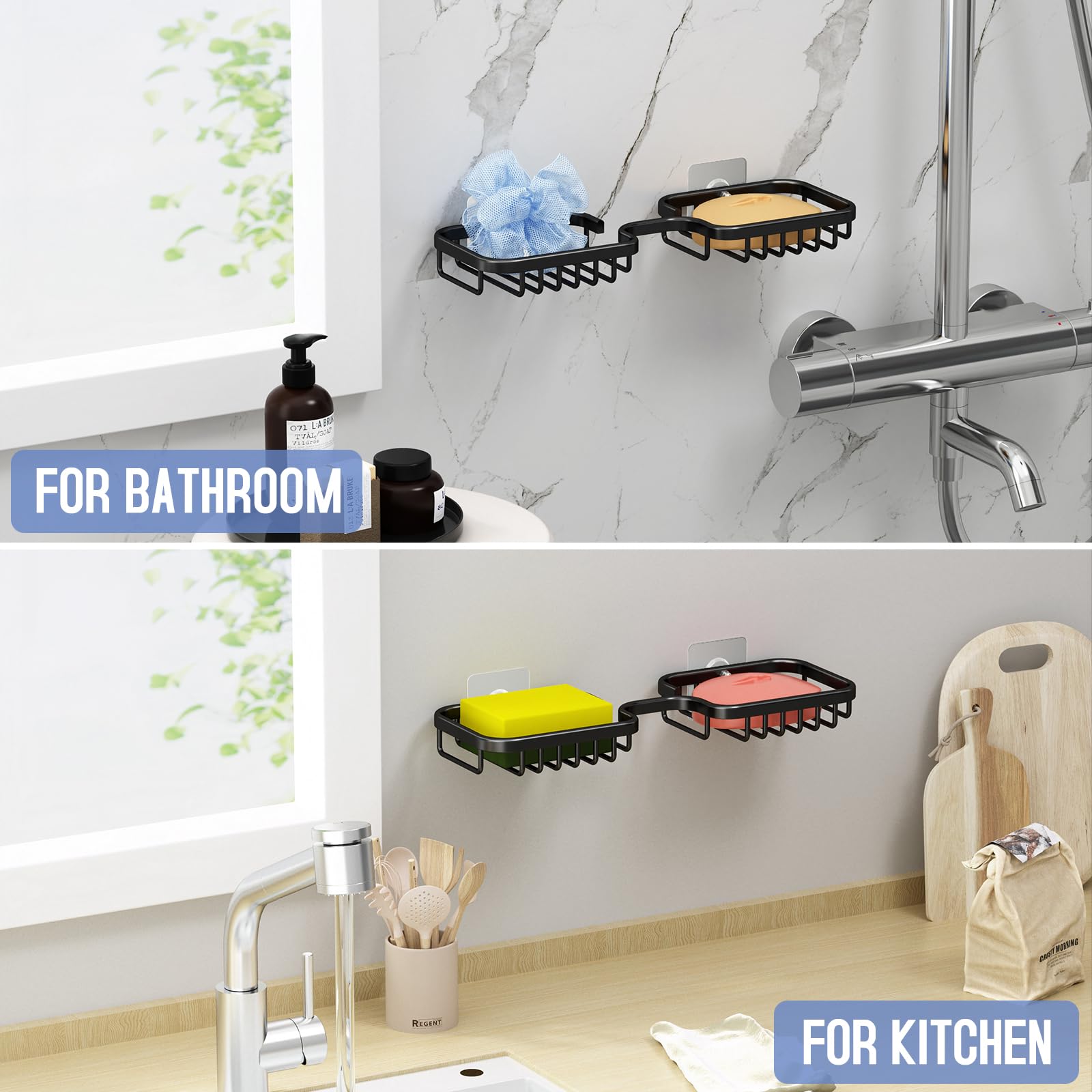2-Pack Rustproof Aluminum Soap Dish Holder for Shower Wall - No Drill Installation, Square Bathroom Soap Tray & Kitchen Sponge Holder (Black) | Perfect for Showers, Bathtubs, and Sink Areas