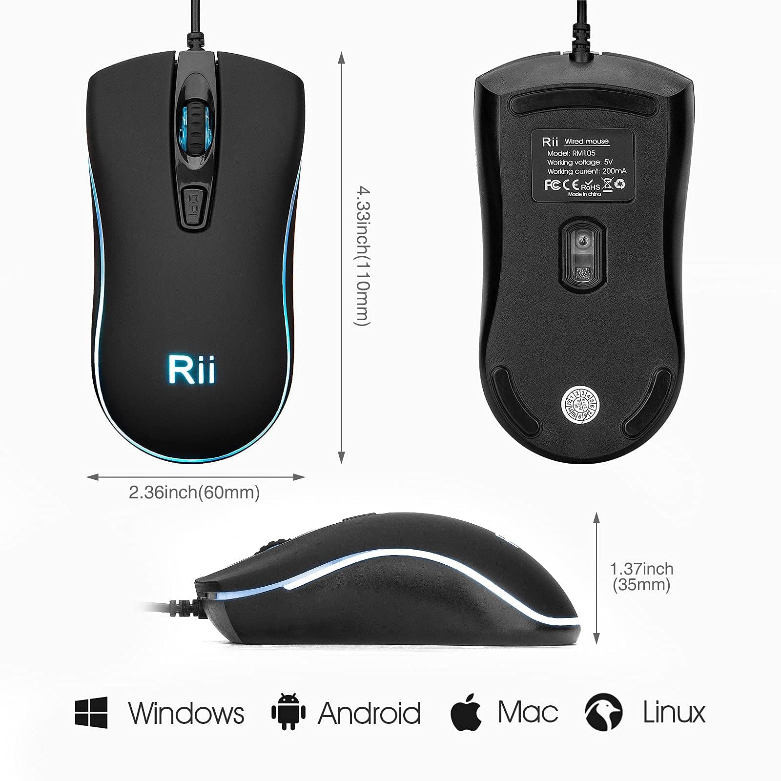Rii RM105 RGB Wired Mouse - Ergonomic USB Optical Mouse for PC, Laptop & Chromebook - Gaming & Office Use