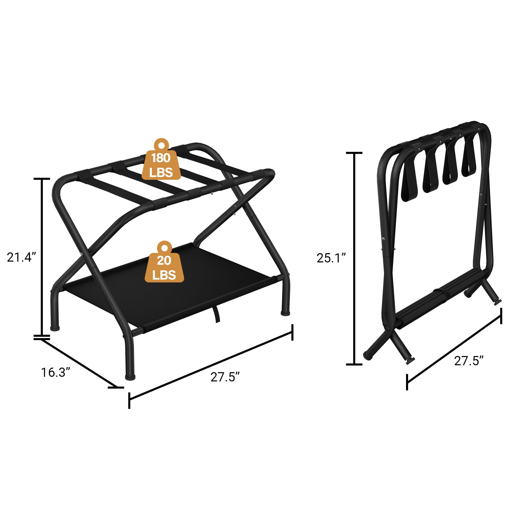 Dunatou Folding Luggage Rack with Storage Shelf - Heavy Duty 200 lb Capacity - Space Saving Suitcase Stand for Hotel Bedroom, Guest Room & Home Use - Sturdy Black Travel Organizer for Suitcases & Bags