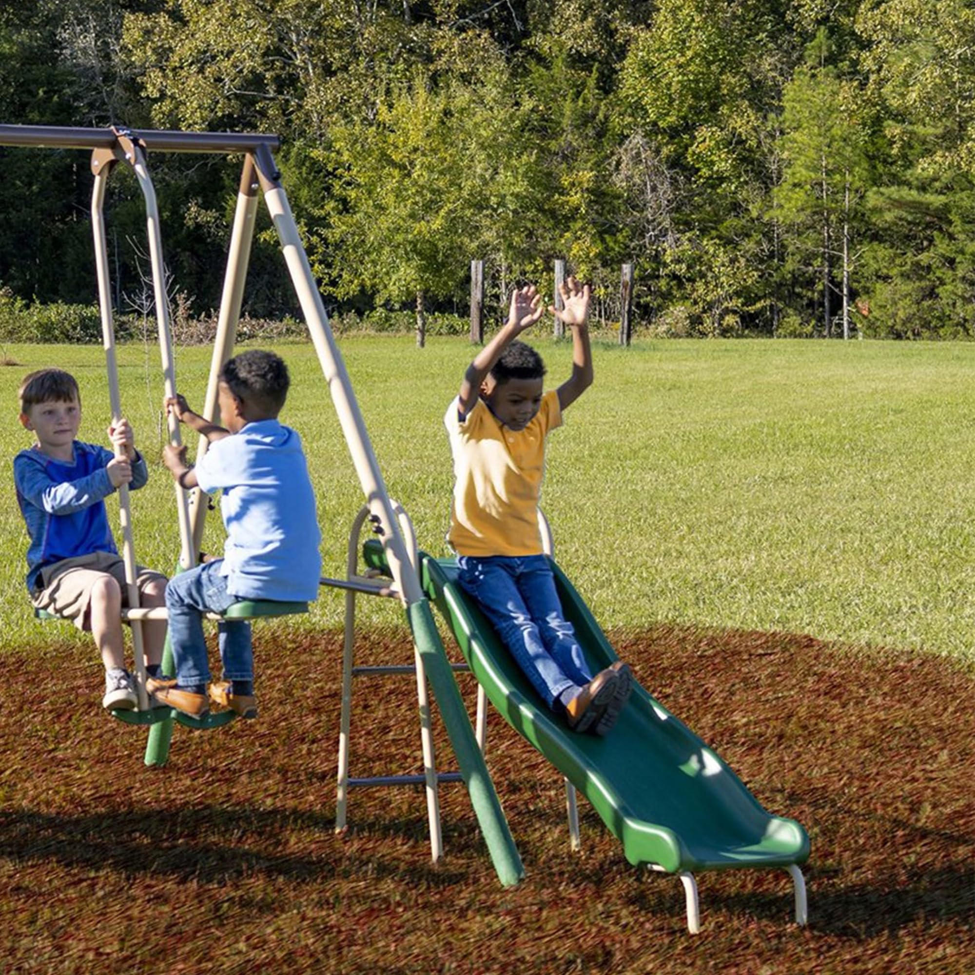 XDP Recreation Crestview Outdoor Metal Swing Set for Kids - Backyard Playset with 2 Swings, Slide, Stand N Swing, Fun Glider & See Saw - Green/Tan - Perfect for Outdoor Play, Birthday Gifts & Backyard Fun