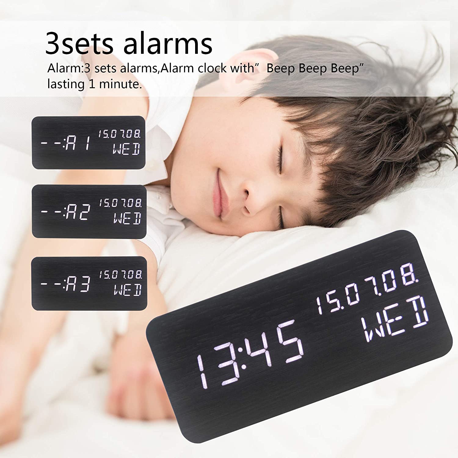 **Wooden Digital Alarm Clock with Large LED Display - Shows Time, Date (MM/DD/YY), Day, Temperature & Nightlight - Portable for Bedroom, Office, School, Home - Perfect for Nightstands, Desks & Travel (Black)**