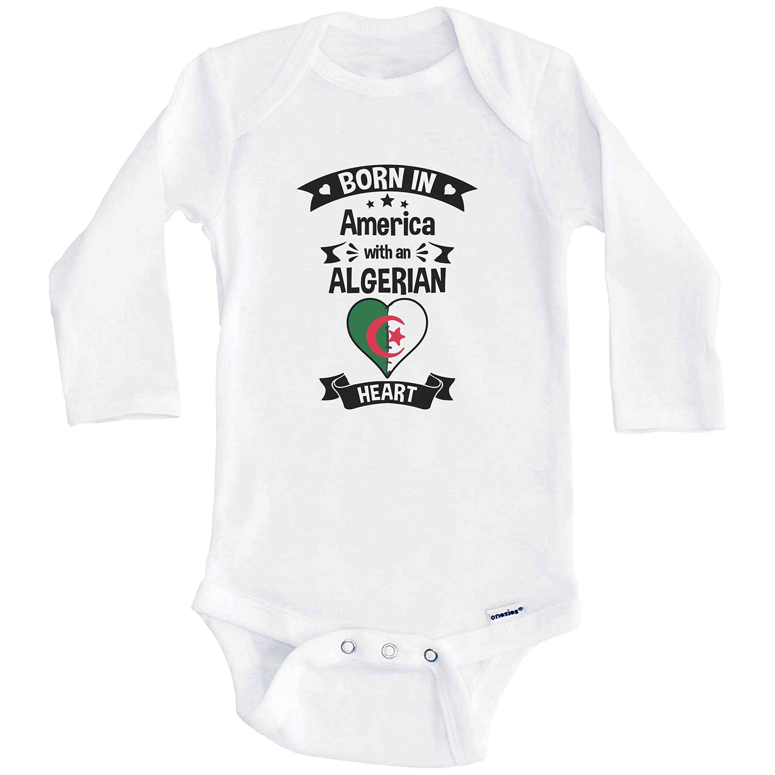 Born in America with an Algerian Heart One Piece Baby Bodysuit - Soft Long Sleeve Infant Romper for Newborns | Perfect for Family Photos, Holidays & Cultural Celebrations