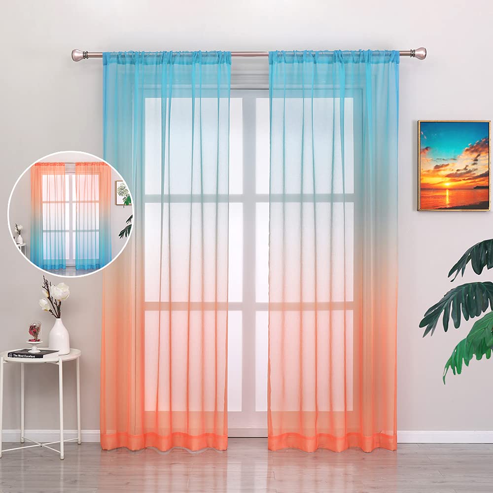 Autumn Dream Linen Sheer Curtains - 52x63 Inch Semi-Transparent Voile Rod Pocket Drapes for Bedroom, Living Room & Nursery (2 Panels) - Orange to Teal Ombre Gradient Window Treatments - Perfect for Light Filtering & Privacy in Home Decor