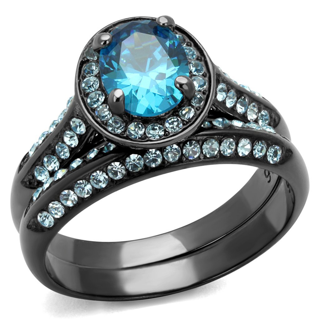 Halo Light Blue CZ Stainless Steel Ring Set for Women - Elegant Oval Cut Jewelry for Parties & Gifts