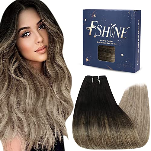 Fshine 22 Inch Ombre Double Weft Human Hair Extensions - Remy Hair (Off Black to Ash Brown & Golden Blonde) | 100g Hand-Tied Sew-In Weft | Perfect for Volume, Length & Styling | Great for Parties, Weddings & Everyday Wear