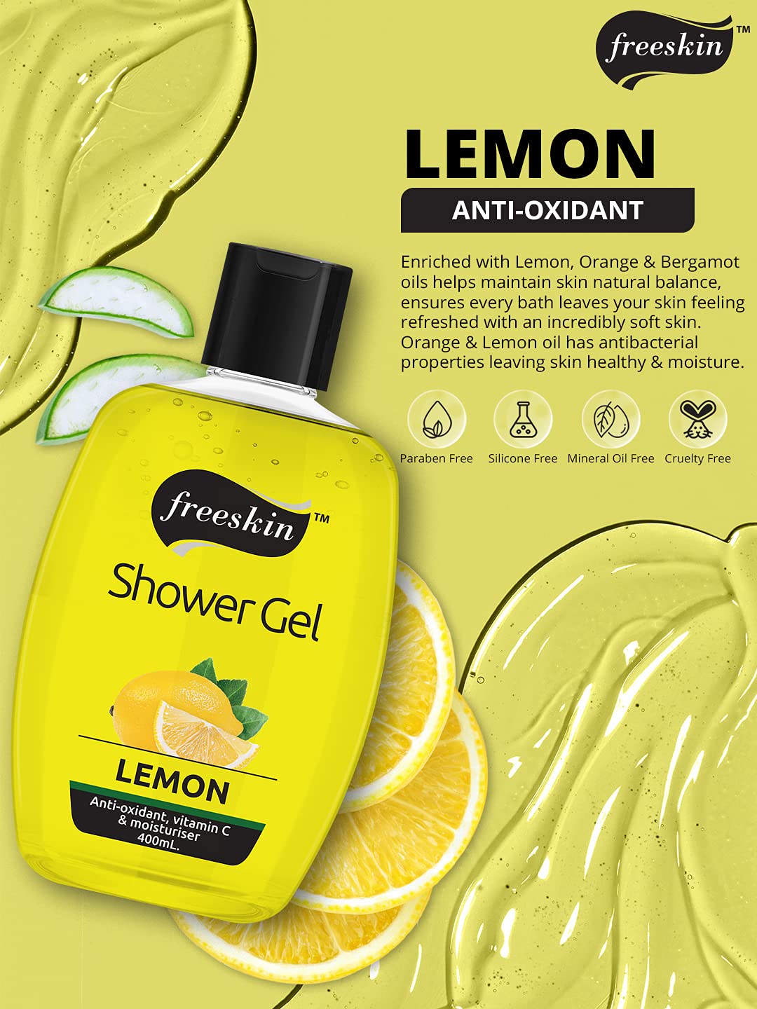 Freeskin Lemon Body Wash & Shower Gel - 400ml Paraben Free, Sulfate Free, Mineral Oil Free - Hydrating & Refreshing for All Skin Types - Perfect for Daily Shower & Spa Relaxation
