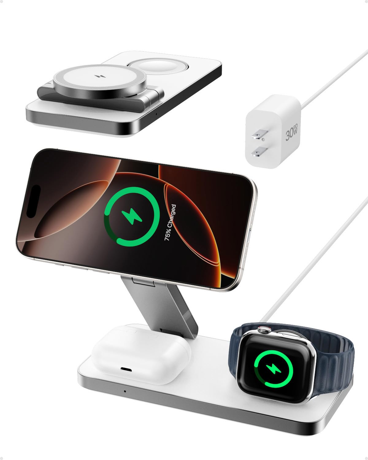 Intoval Qi2 3-in-1 Foldable Wireless Charging Station - 15W Fast Magnetic Charger for iPhone 16/15/14/13/12, Apple Watch & AirPods Pro | Magsafe Compatible | Includes 30W Power Adapter (White) | Perfect for Home, Office & Travel Charging Needs