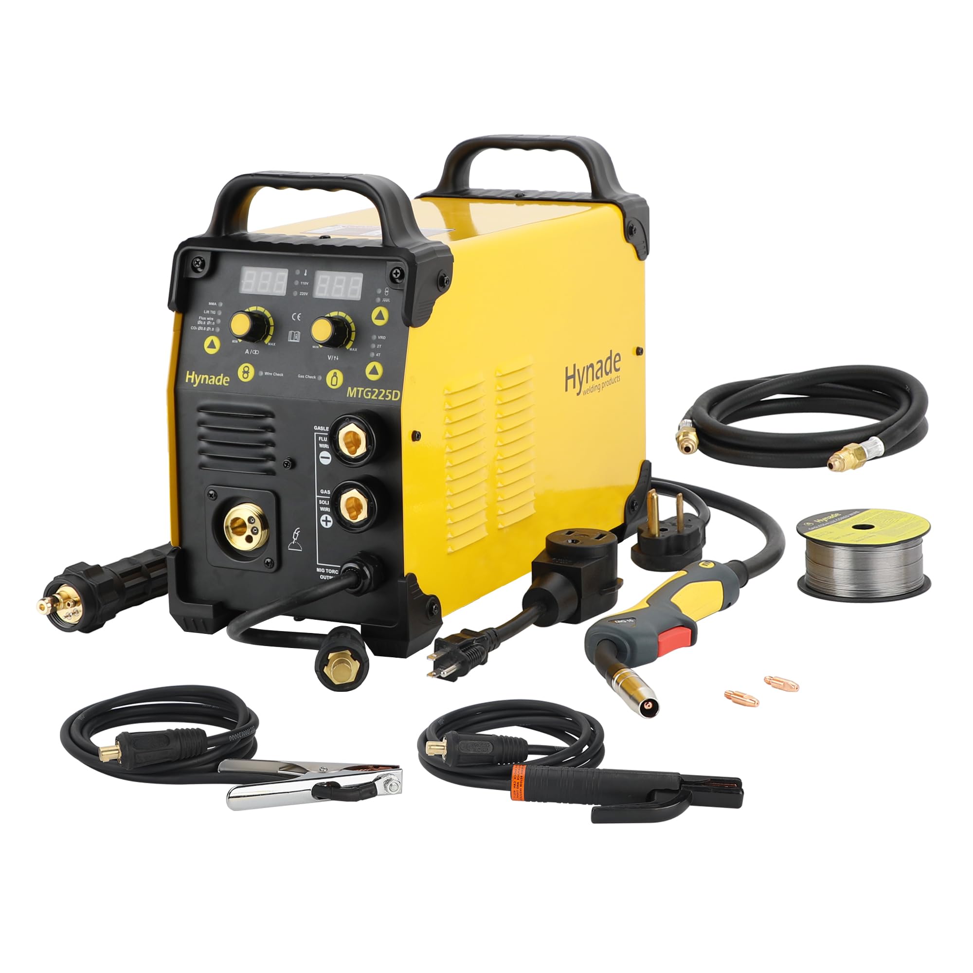 Hynade MTG225D 3-in-1 Multiprocess Welder - MIG/Lift TIG/Stick Welding Machine with 1/5kg MIG Wire, Dual Voltage 110V/220V, Gas/Gasless - Perfect for Home DIY, Auto Repair & Metal Fabrication Projects