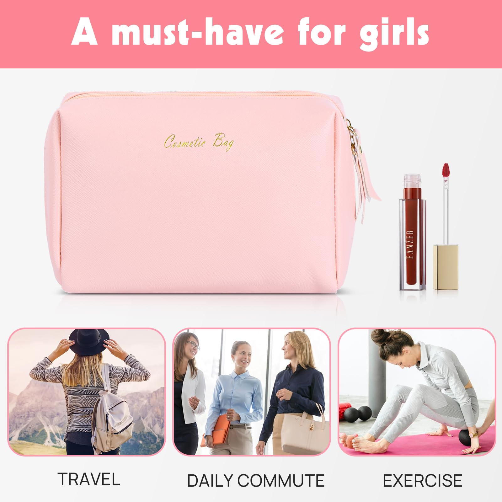 Topwey Waterproof Makeup Bag for Women - Small Pink Travel Cosmetic Organizer with Divider, Portable Toiletry Pouch | Perfect for Vacation, Gym & Daily Essentials Storage
