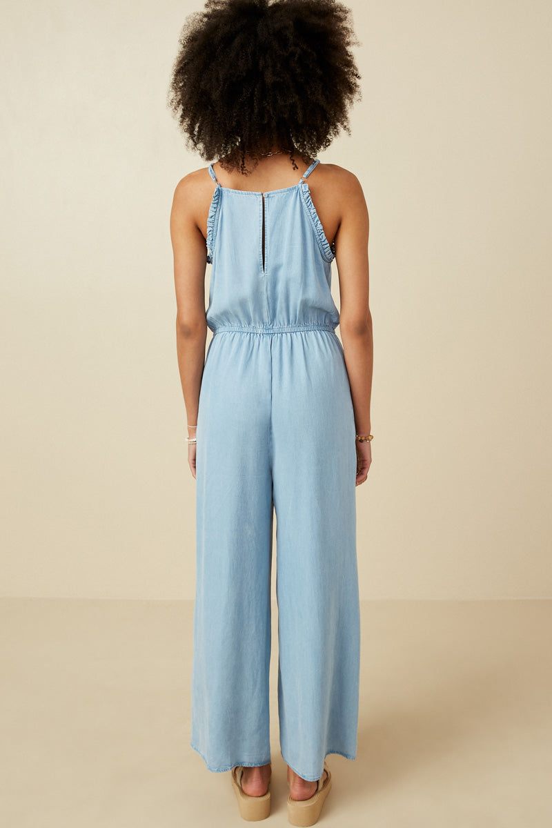 Women's Ruffled Halter Wide-Leg Denim Tencel Jumpsuit - Stylish Summer Romper for Beach, Vacation & Casual Outings