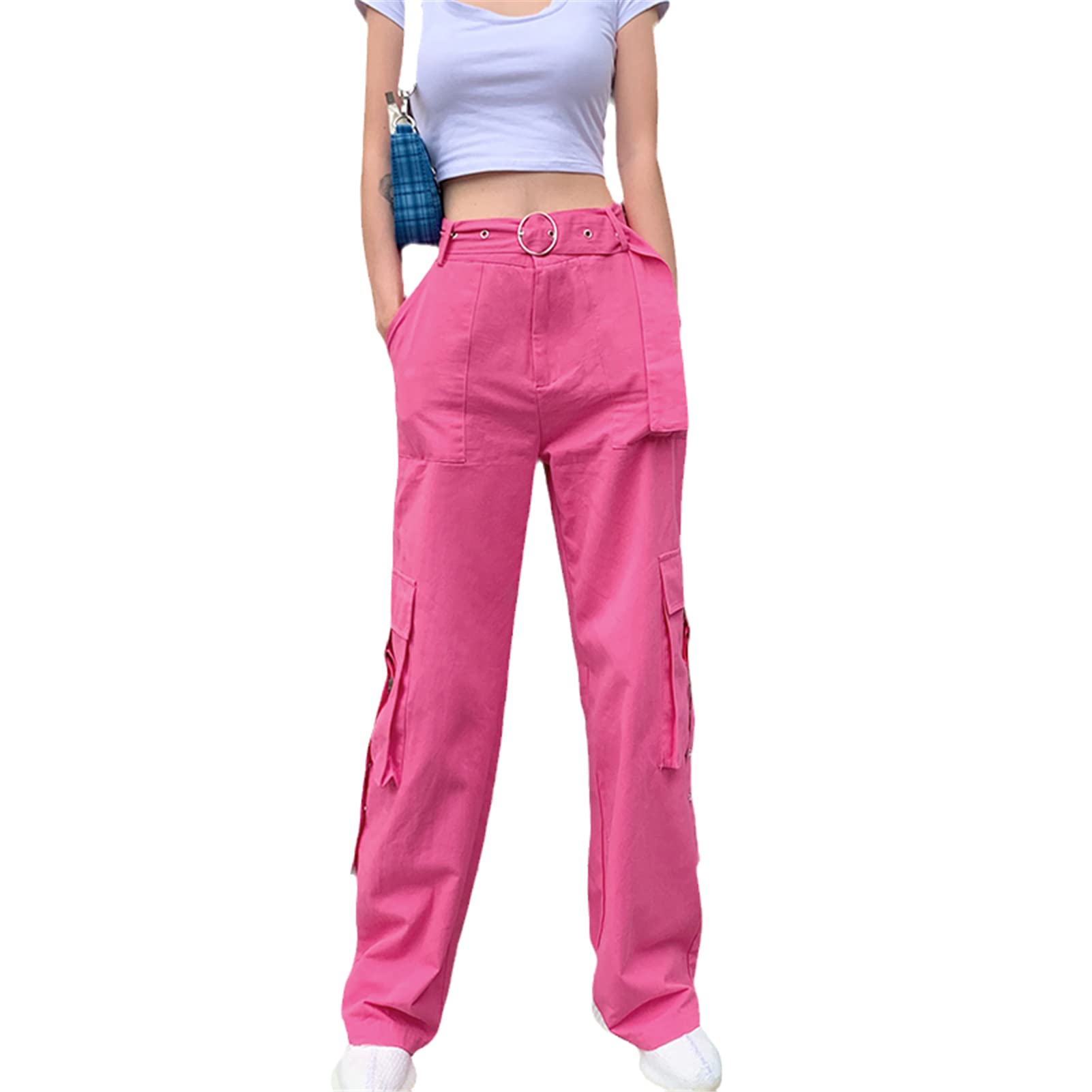 Women's Pink Cargo Sweatpants - Wide Leg Vintage Joggers with Oversized Pockets | Streetwear Fashion for Casual Wear, Gym & Travel