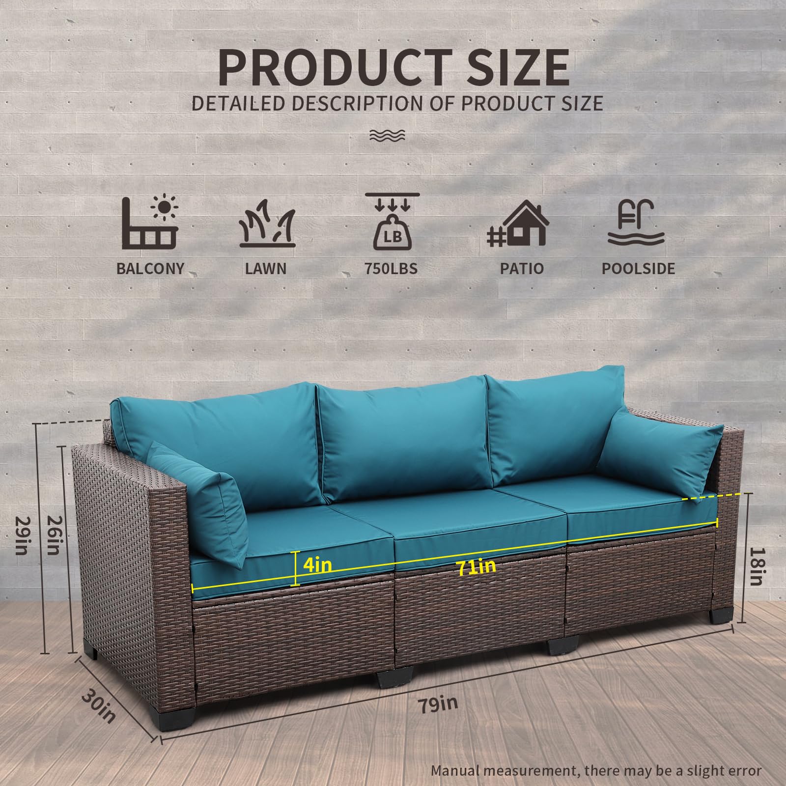 WAROOM 3-Seat Outdoor Patio Sofa Set - PE Wicker Rattan Deep Seating Furniture with Non-Slip Peacock Blue Cushions, Brown - Perfect for Garden, Poolside & Backyard Relaxation