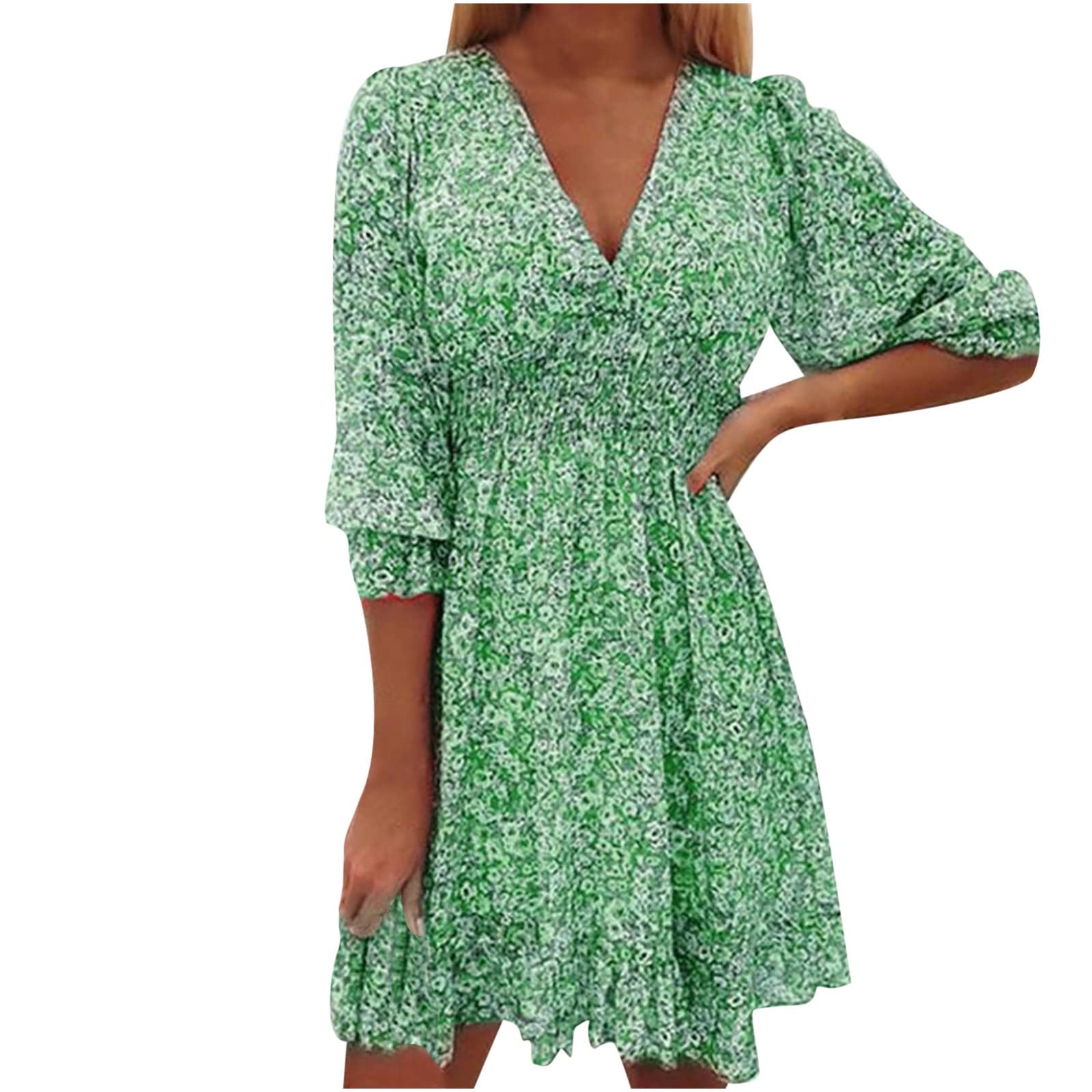 Rikrel Women's Summer Casual V-Neck Floral Print 3/4 Sleeve Loose Dress - Green SCAI53PAP | Perfect for Beach Vacations, Garden Parties & Summer Outings