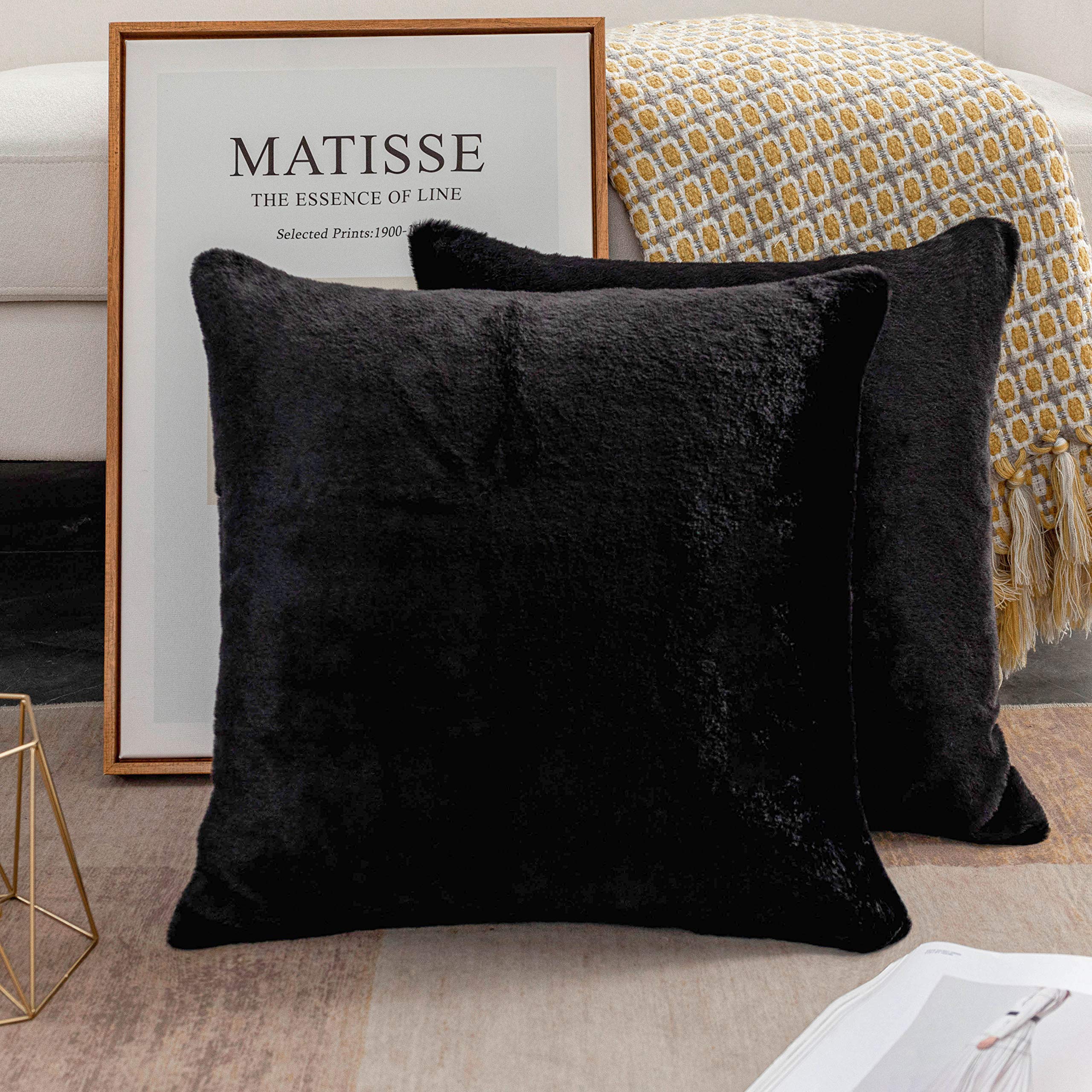 Luxury Black Faux Fur Throw Pillows Set of 2 - 26x26 Inch Soft Sherpa & Suede Couch Pillow Covers for Sofa, Bed, Floor - Cozy Home Decor for Living Room, Bedroom & Dorm
