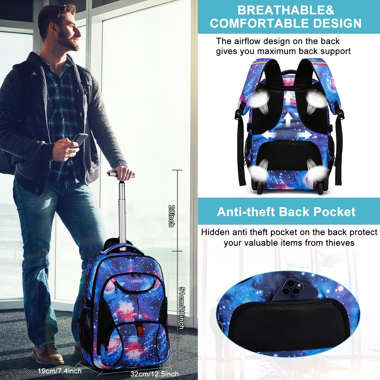17 Inch Wheeled Laptop Backpack for College - Water Resistant Rolling School Backpack with Wheels, Large Roller Bookbag for Travel, Hiking & Carry On Luggage - Galaxy Blue | Perfect for Students, Business Trips & Outdoor Adventures