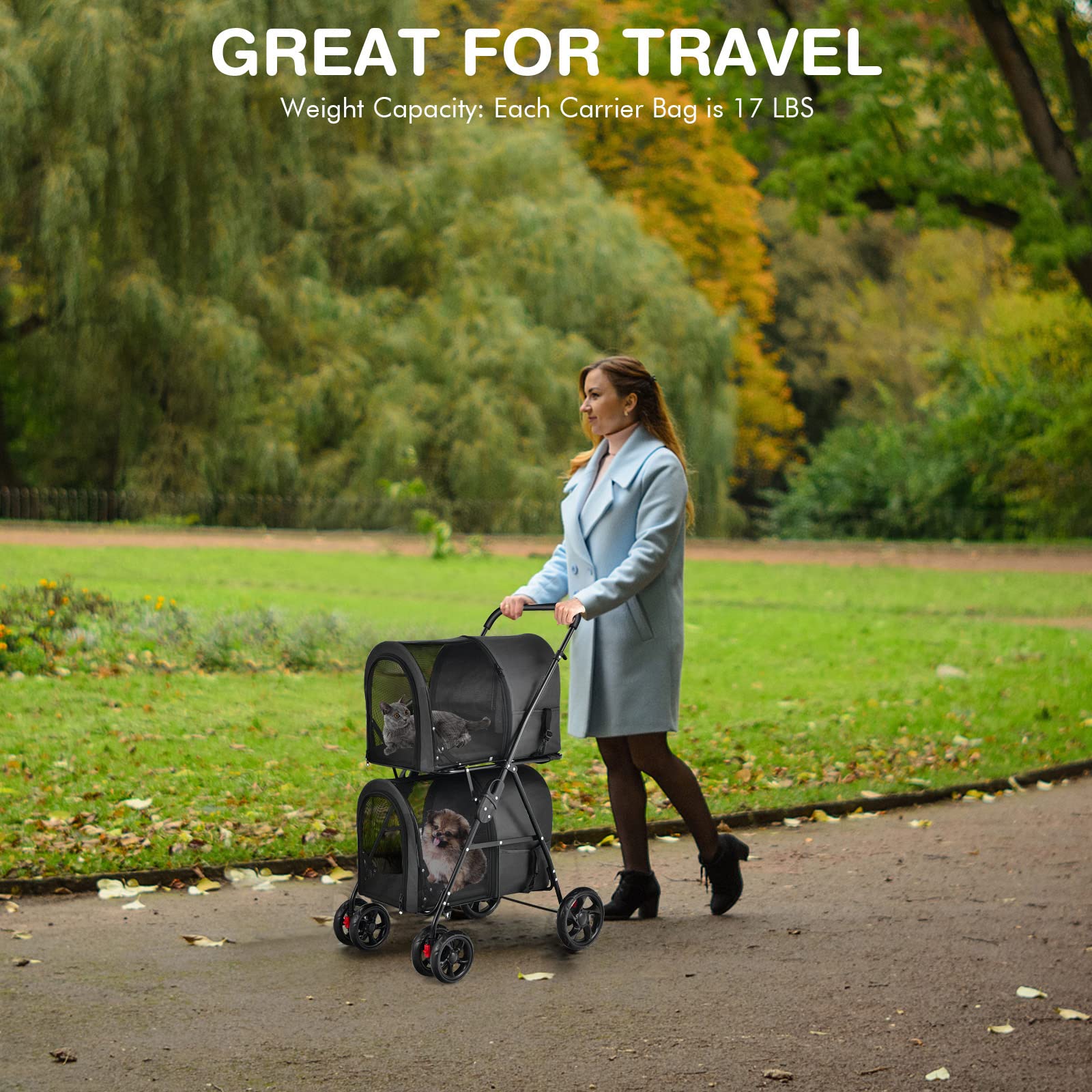 Giantex Double Pet Stroller for Small Medium Dogs & Cats - 2 Detachable Carrier Bags, Safety Belt, 4 Lockable Wheels - Folding Travel Carrier for Puppies & Kittens (Black) | Perfect for Park Walks, Vet Visits & Outdoor Adventures