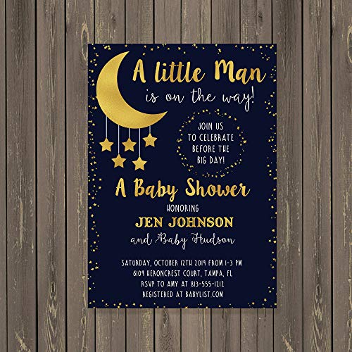 Navy & Gold Little Man Moon and Stars Baby Shower Invitations - Set of 10 5x7 Inch Cards with White Envelopes | Perfect for Gender Reveal, Newborn Celebrations & Themed Parties