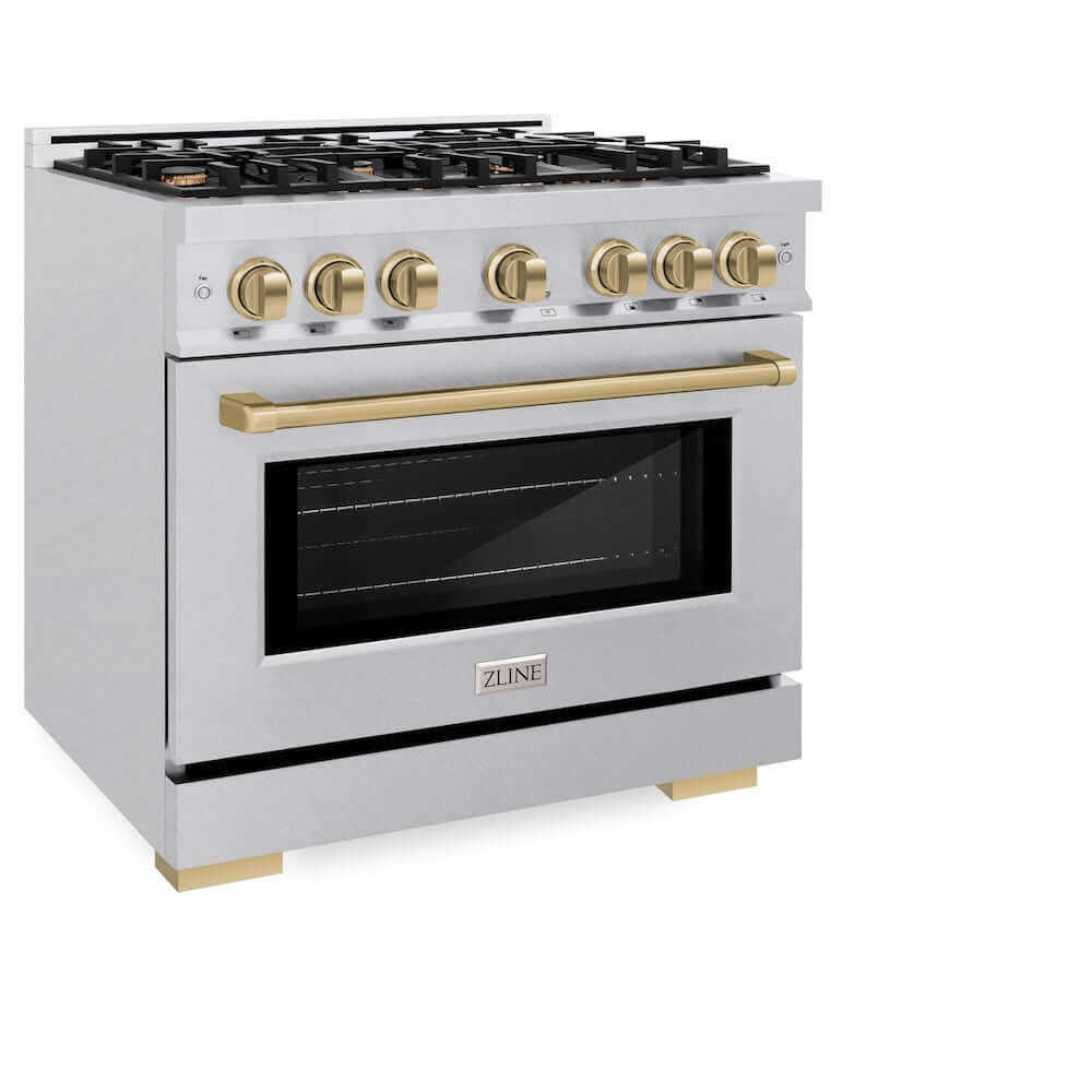 ZLINE Autograph Edition 36-inch 5.2 cu. ft. Dual Fuel Range with 6-Burner Gas Cooktop & Electric Convection Oven - Satin Stainless Steel with Champagne Bronze Accents (HDRSZ 36 CB) - Perfect for Gourmet Cooking & Modern Kitchens