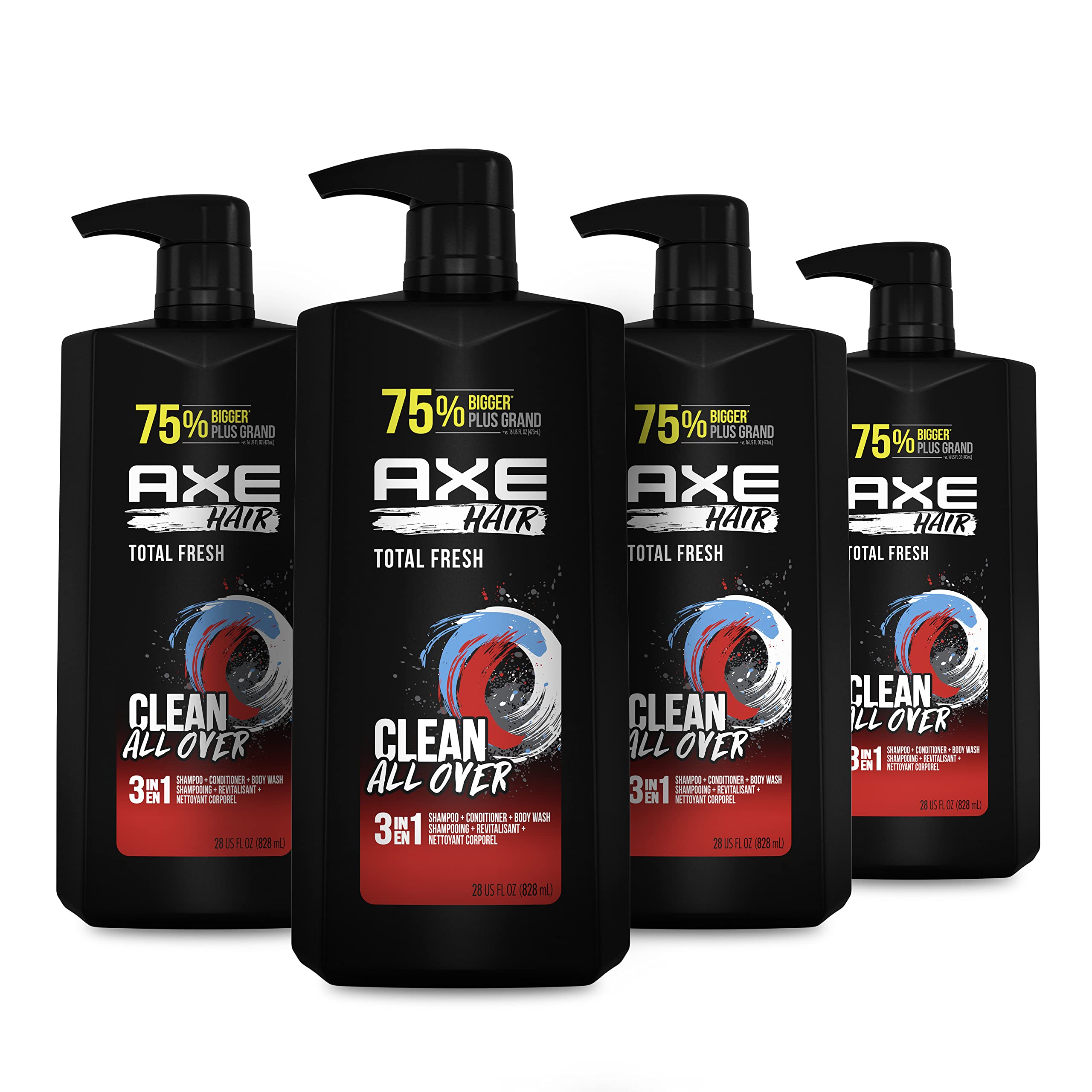 AXE 3-in-1 Body Wash, Shampoo & Conditioner for Men - Light Fresh Scent, 28 oz (4 Pack) | All-in-One Hair & Body Care | Gym, Travel & Daily Shower Essential
