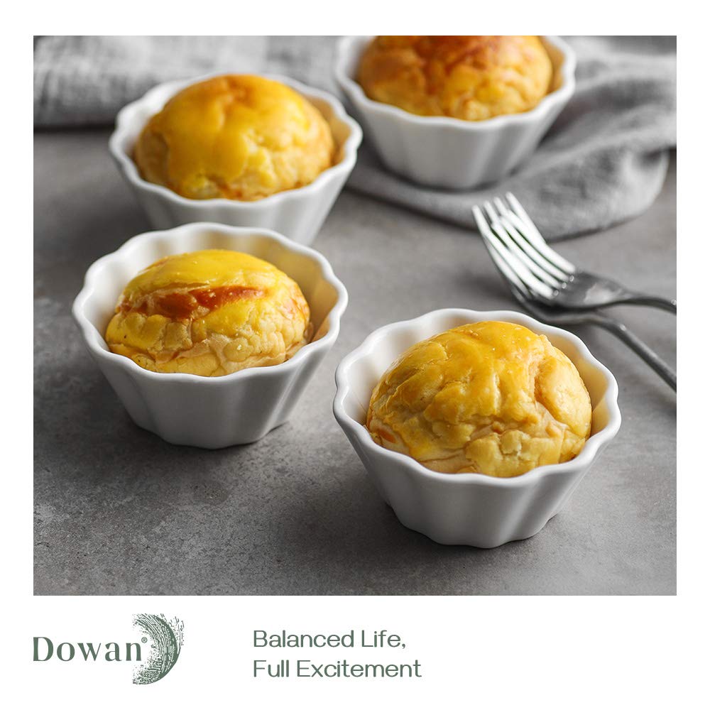DOWAN 6 oz Porcelain Ramekins Set of 6 - Oven Safe Flower-Shaped Baking Dishes for Creme Brulee, Pudding, Souffle, Custard & Dipping Sauces - Perfect for Desserts, Appetizers & Entertaining (White)