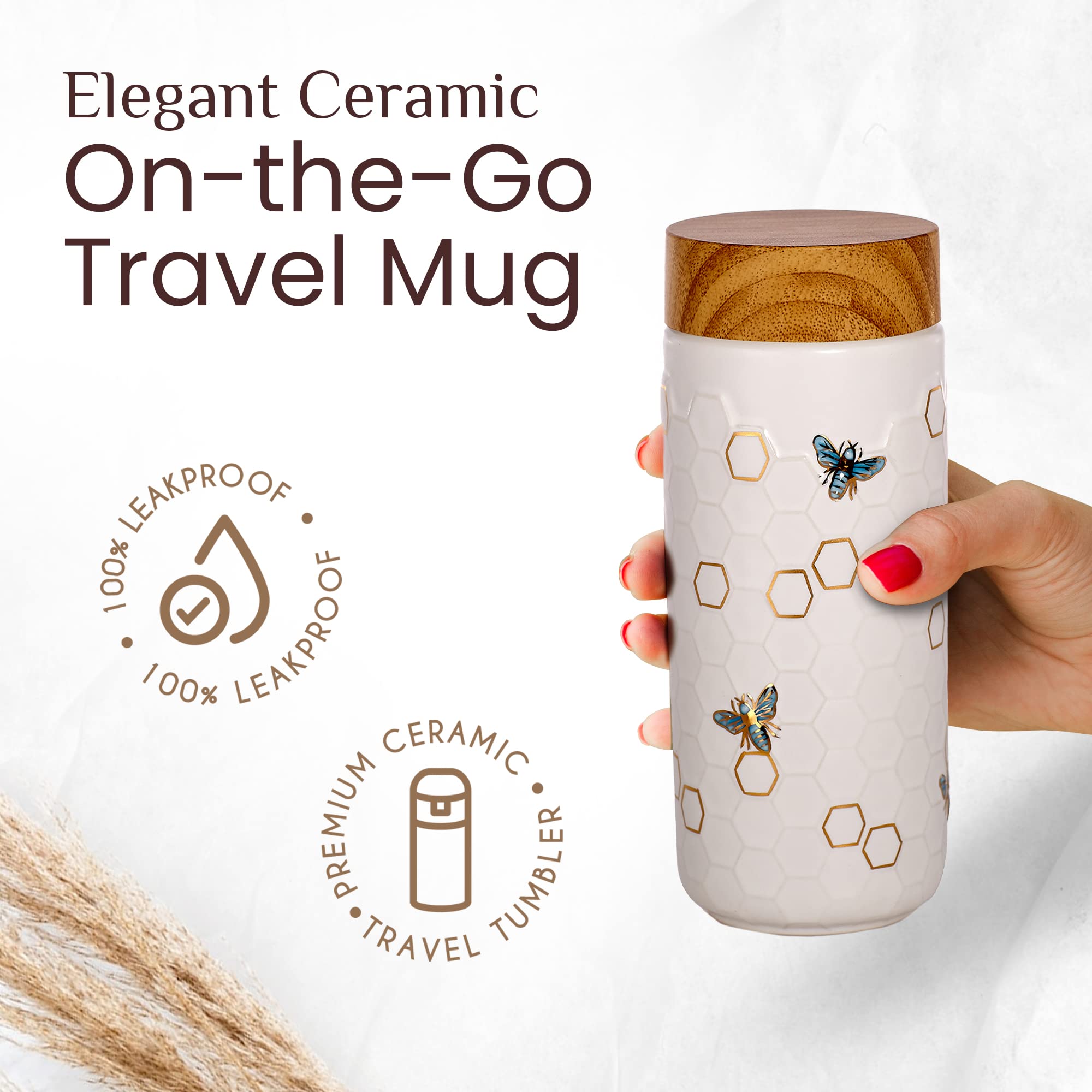 Acera Liven Honey Bee Travel Mug - 12.3oz Double Wall Ceramic Insulated Tumbler with Leak-Proof Lid, Thermal Coffee Tea Juice Cup for Office, Commuting & Outdoor Activities