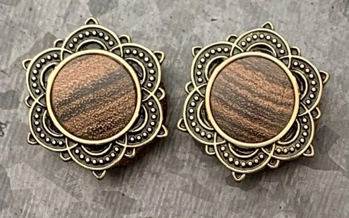 Rose Wood Plugs with Rose of Sharon Top - Organic Wooden Ear Gauges for Stretching - Body Jewelry for Men & Women - Perfect for Everyday Wear, Boho Style & Festival Fashion