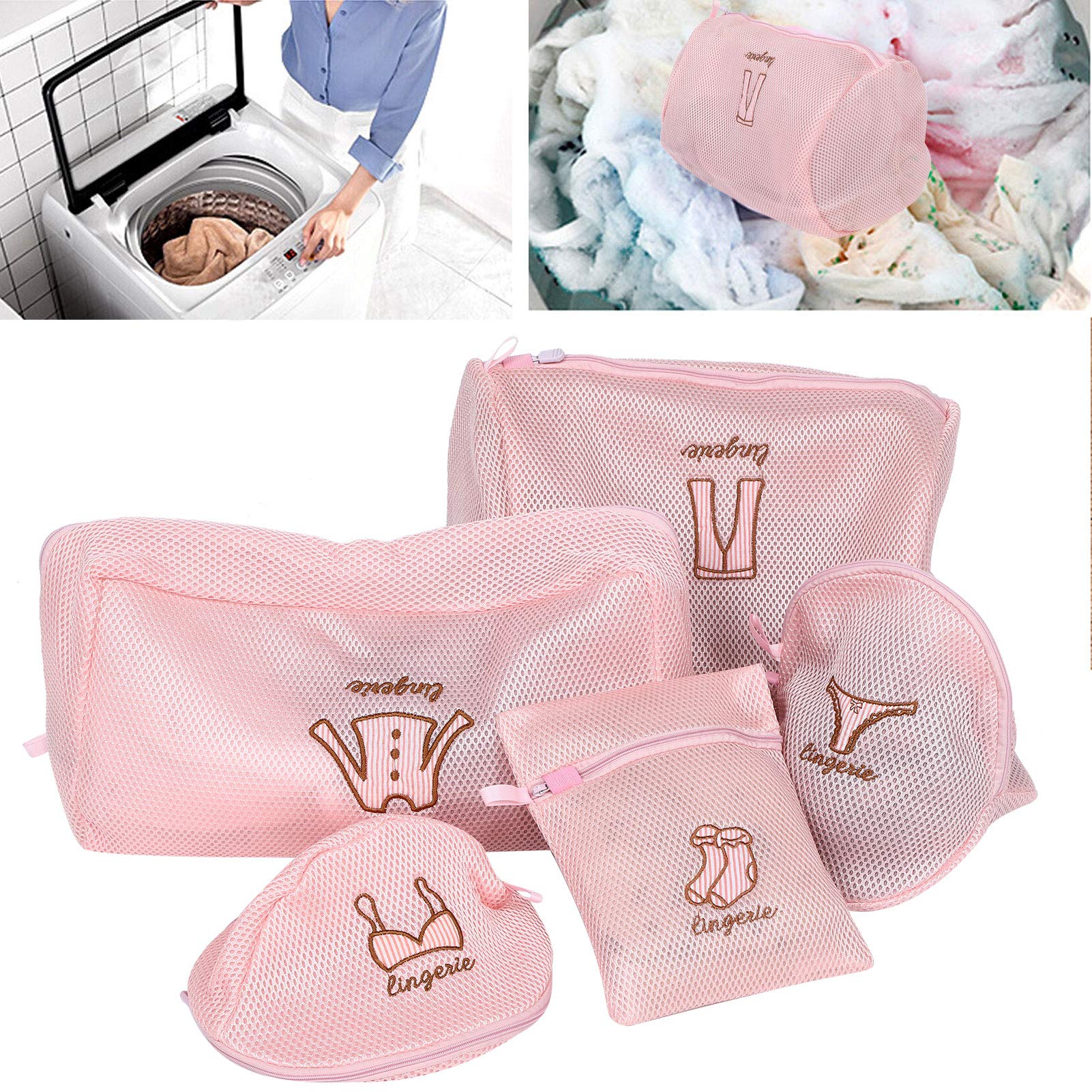 5-Pack Polyester Laundry Wash Bags with Zipper Puller - Non-Toxic Mesh Lingerie & Delicates Organizer for Bras, Socks, Underwear - Perfect for Travel, Dorm & Home Use