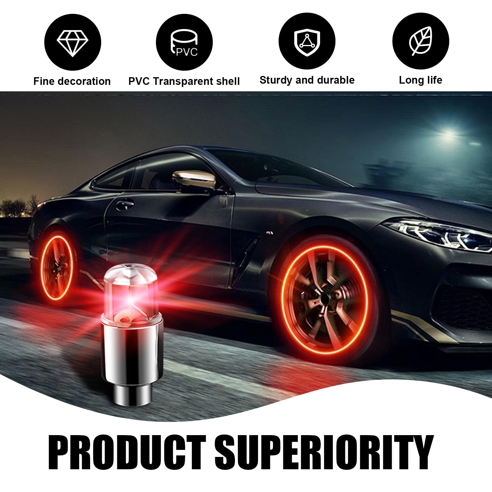 6 PCS Car Tire Wheel Lights - Vibration Induction LED Valve Caps, Waterproof & Energy-Saving Decorative Lights for Cars, Motorcycles, Bicycles (Red) | Enhance Night Visibility & Style for Road Safety & Custom Look