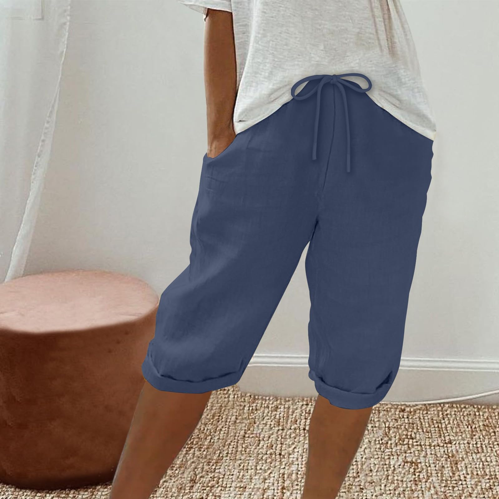 Women's Linen Bermuda Shorts - High Waisted Summer Shorts with Pockets for Beach & Lounge