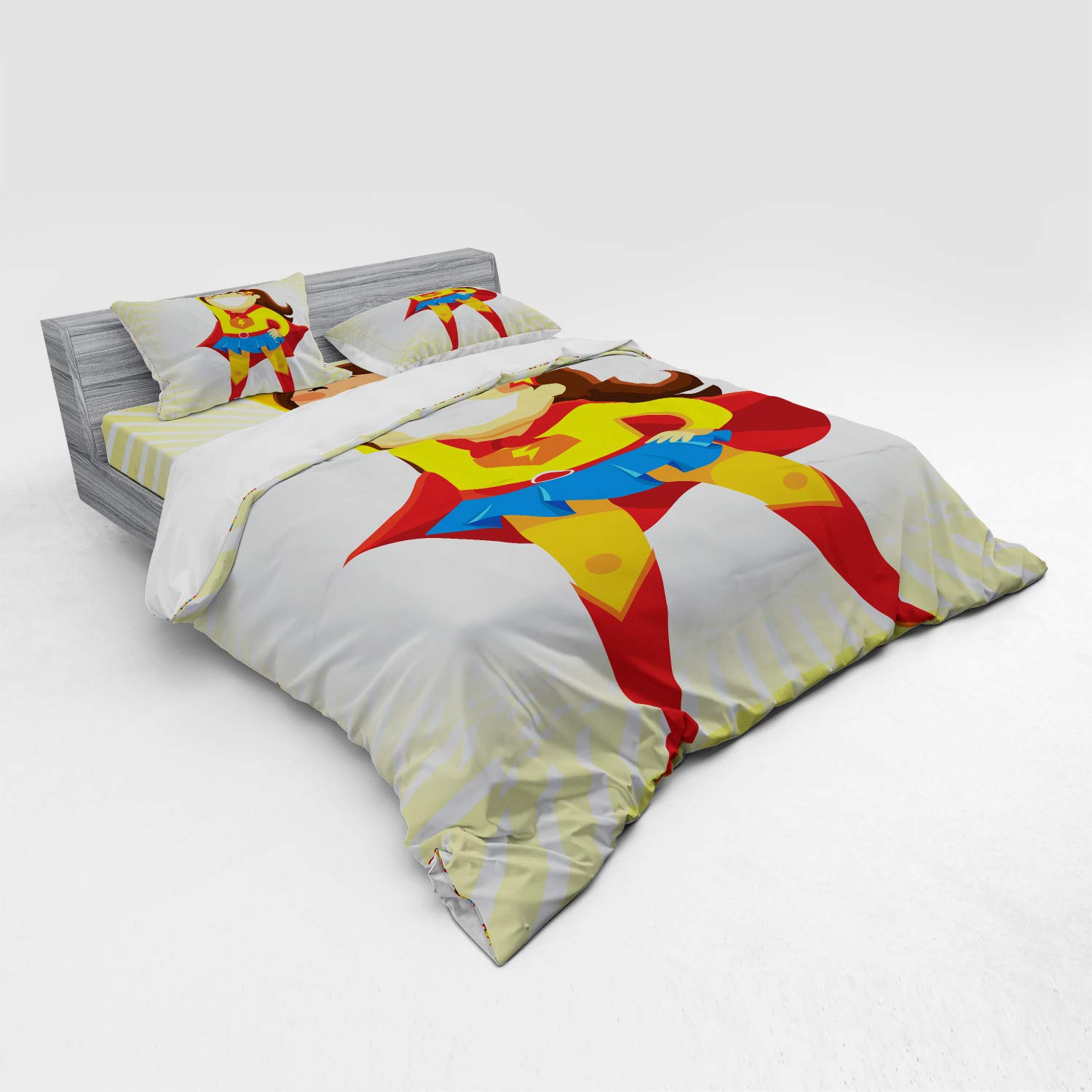 Ambesonne Superhero Duvet Cover Set - Courageous Little Girl in Costume Standing Heroically, 4-Piece King Size Bedding Set with Shams & Fitted Sheet, Multicolor | Perfect for Kids' Rooms, Superhero Themed Bedrooms & Gift Giving