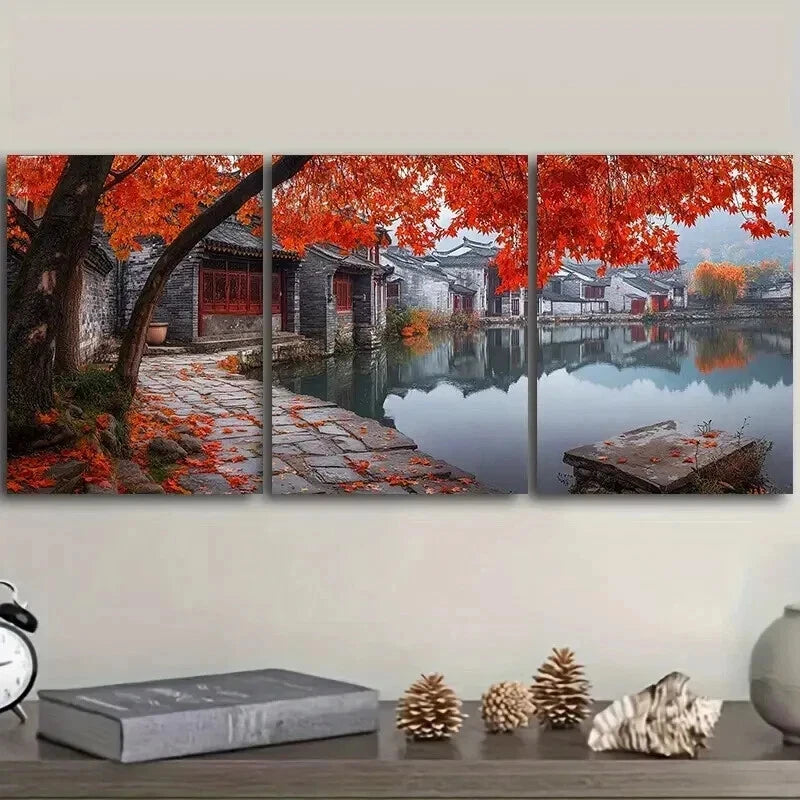 3-Piece Jiangnan Ancient Town Wall Art Set - High Quality Framed Canvas Prints 50x70cm | Australian Made | Ready to Hang | Perfect for Living Room, Bedroom & Office Decor