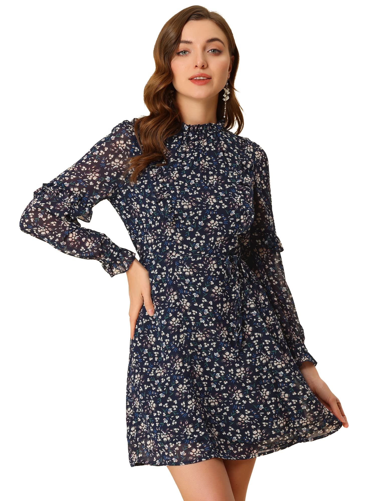 Allegra K Women's Floral Chiffon Dress with Mock Neck, Tie Waist & Ruffle Details - Elegant Shift Dress for Casual Wear, Office & Special Occasions
