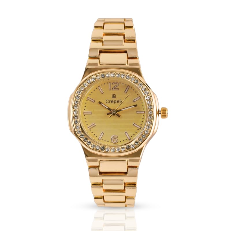 CrepeS Curva Stone Metal Strap Watch for Women - Elegant Semi-Round Dial with Sparkling Stones | Premium Stainless Steel Band | Accurate Quartz Movement | Perfect Gift for Her, Wife, Sister & Mother | Ideal for Office, Party & Special Occasions