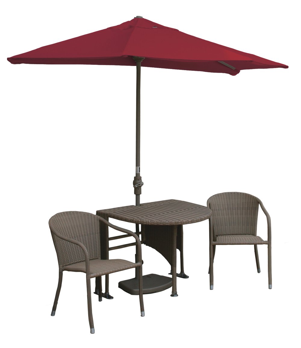 **Adena All-Weather Wicker Coffee Table Set with 9' Wide Off-the-Wall Umbrella - Red Olefin Canopy for Outdoor Patio & Garden Relaxation**