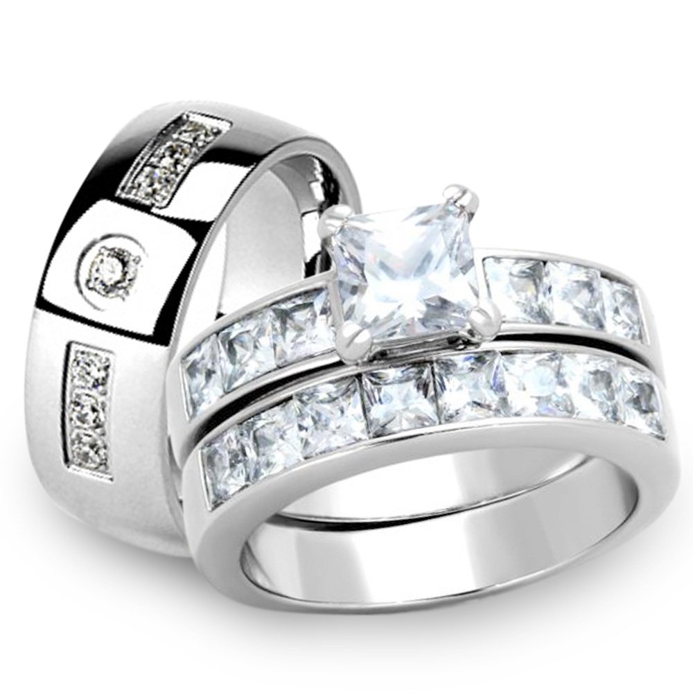 His & Her Stainless Steel Wedding Rings Set - 3pc Princess Cut & Band for Couples