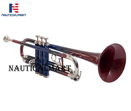 Professional Brass Bb Trumpet with Hard Case & Valve Oil - Red & Blue Finish | Perfect for Beginners, Students & Band Performances