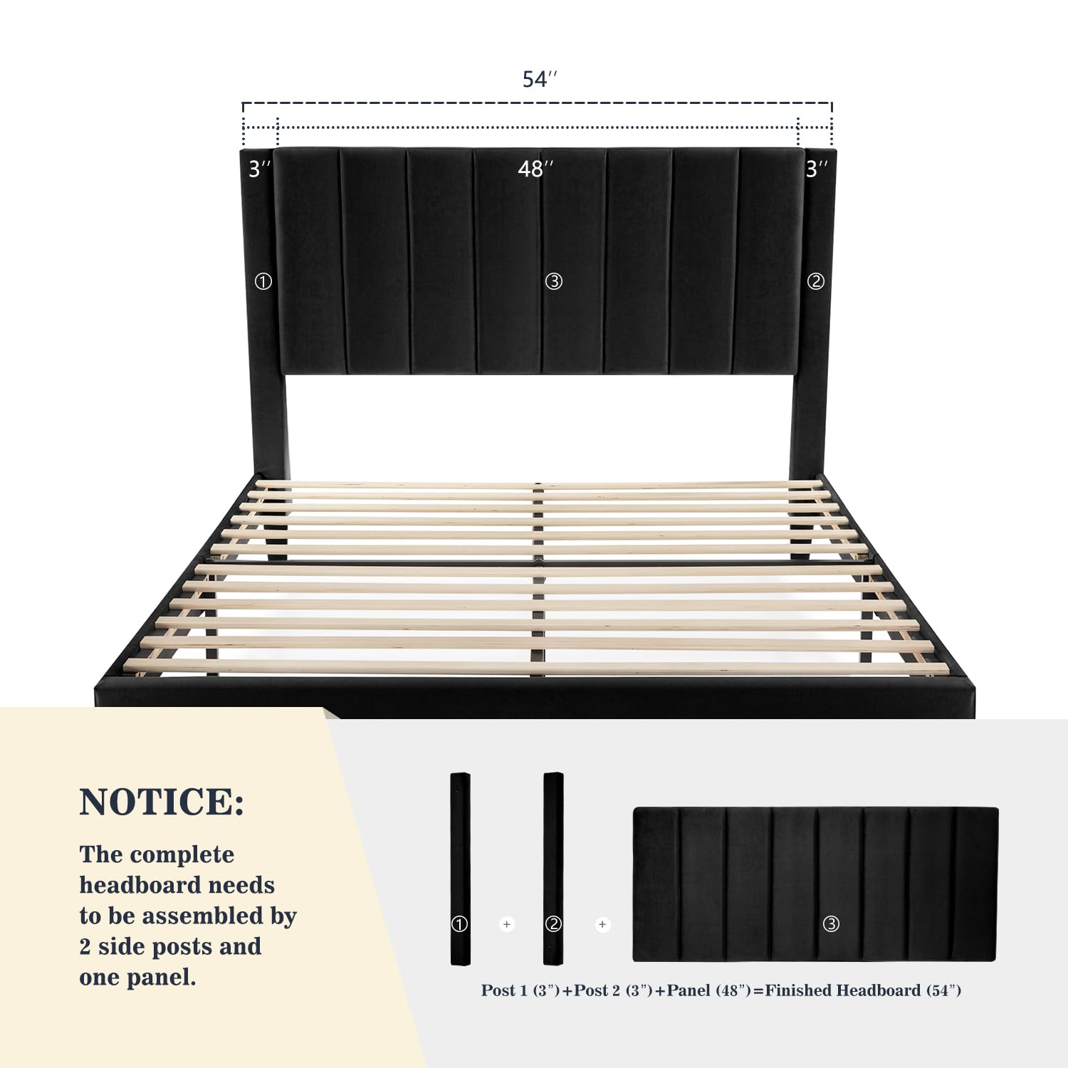 **Allewie Full Size Platform Bed Frame - Velvet Upholstered with Vertical Channel Tufted Headboard, Sturdy Wooden Slats & Mattress Foundation | Box Spring Optional | Easy Assembly | Black | Perfect for Modern Bedrooms & Guest Rooms**