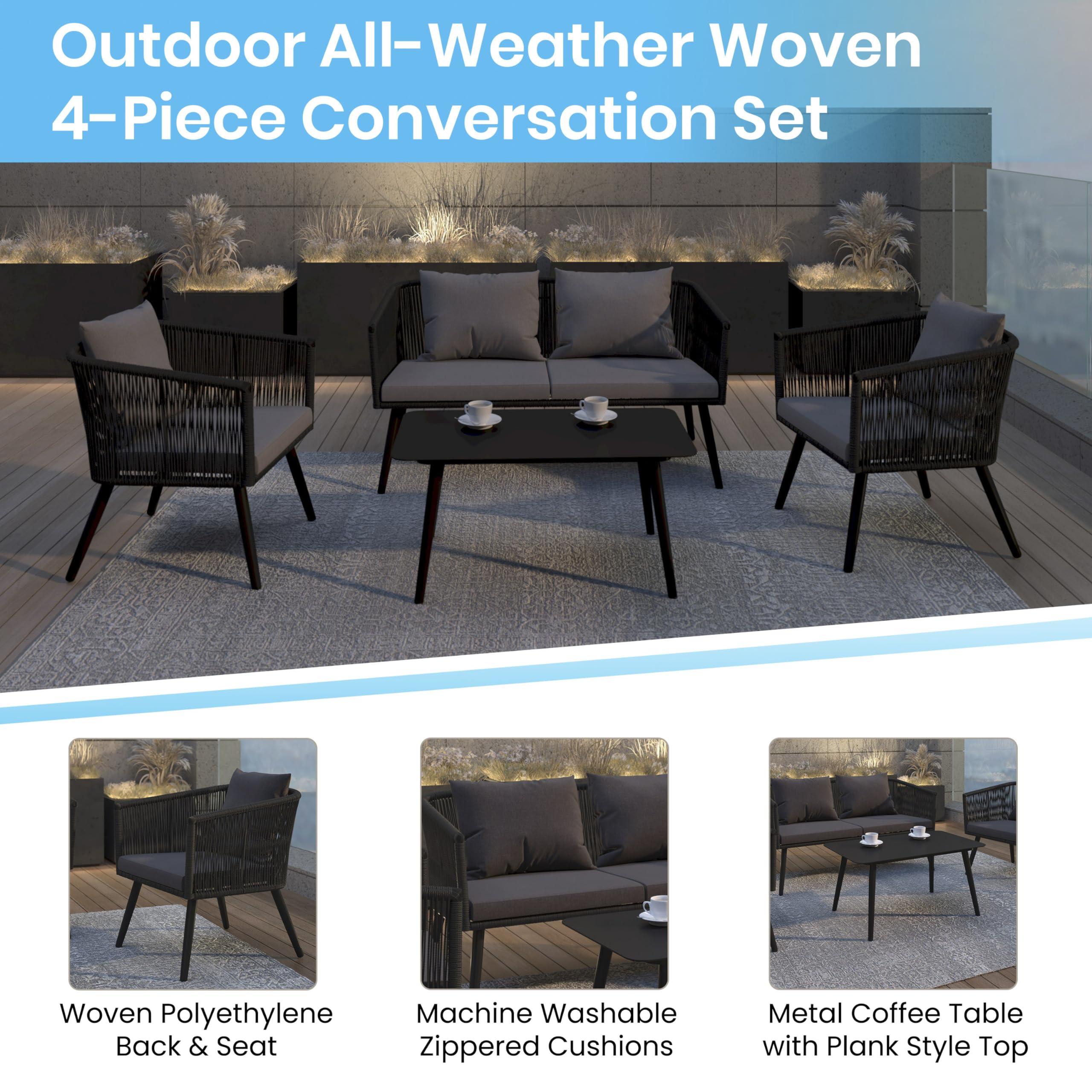 Merrick Lane Magnolia 4-Piece Outdoor Furniture Set - Black Woven Aluminum Loveseat, 2 Chairs & Coffee Table with Gray Cushions - Perfect for Patio, Garden & Backyard Relaxation