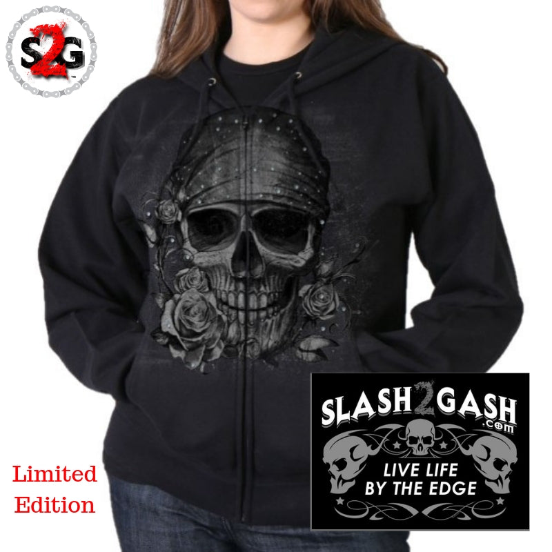 Hot Leathers Bandana Skull Sweatshirt - Women's Glitter Ink Hoodie for Casual Wear & Biker Fashion | Gothic Streetwear & Motorcycle Riding Outfit
