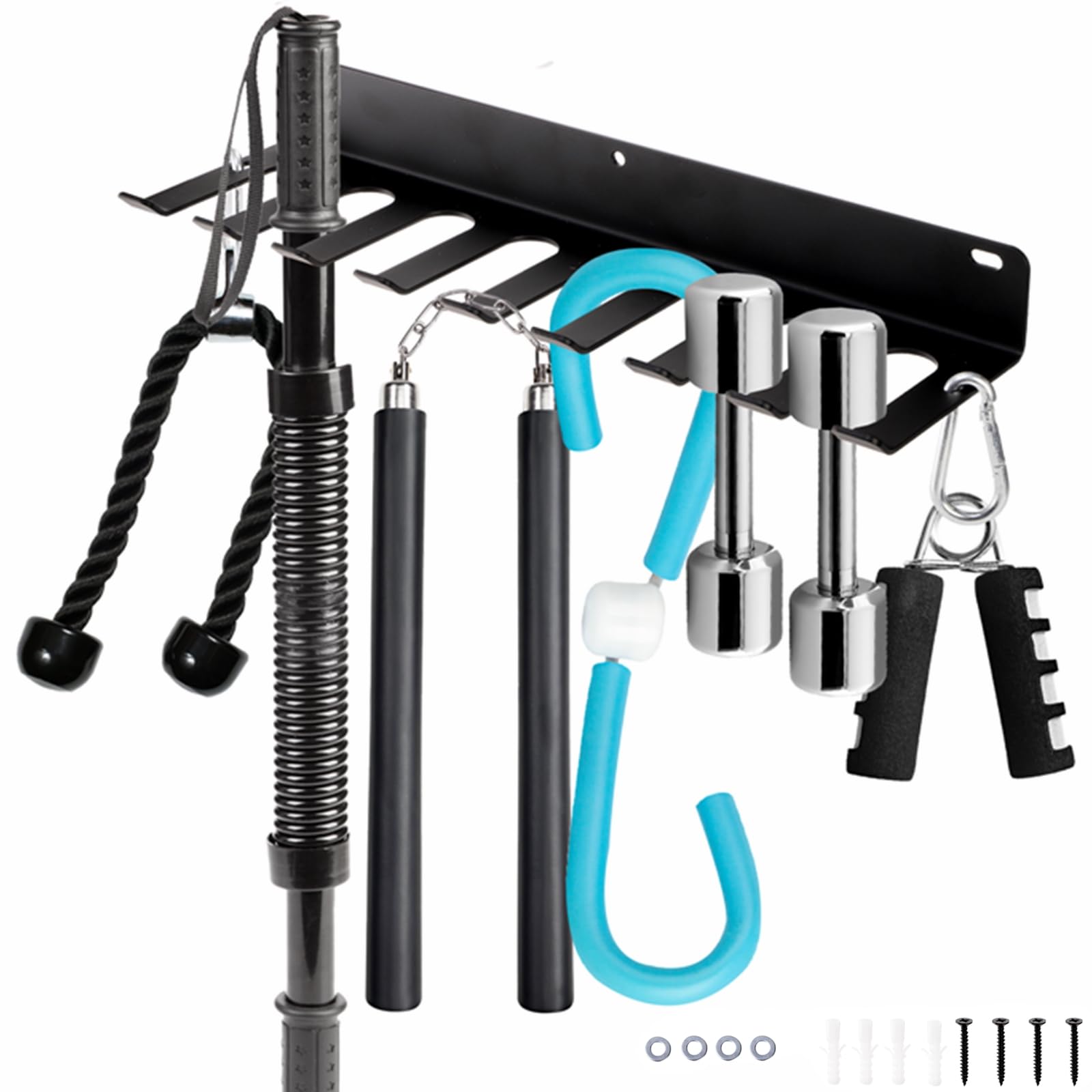 Tebery 9-Hook Wall Mount Gym Storage Rack - Heavy Duty Metal Fitness Equipment Organizer for Exercise Bands, Jump Ropes, Barbells & Lifting Belts - Perfect for Home Gym, Garage & Workout Room Organization