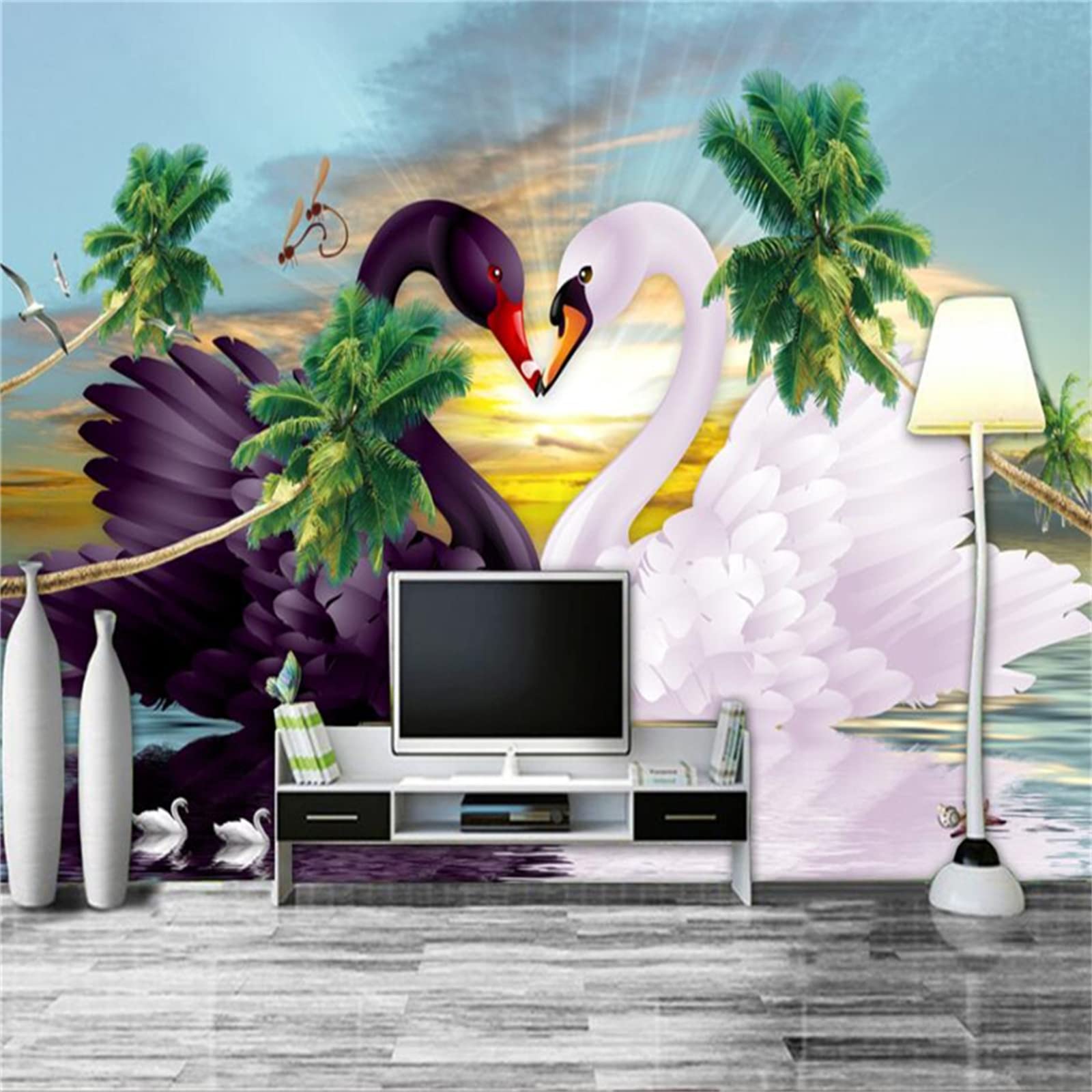 3D Black & White Swan Lake Animal Wall Mural - 144x100 Inch Waterproof Wallpaper Sticker with High Clarity & Strong Adhesion - Perfect for Restaurant, Study, Office & Living Room Decor