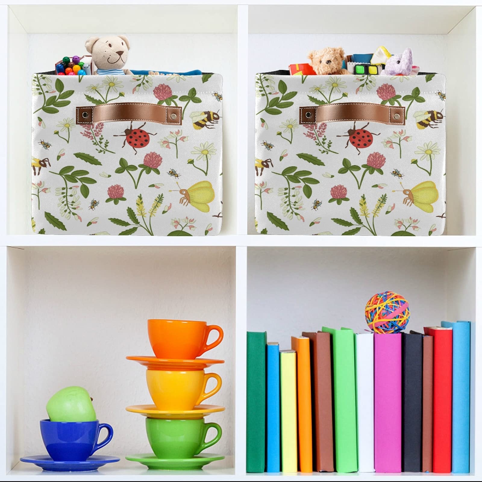 Wild Flowers Ladybug Storage Basket Bin - Large Collapsible Canvas Cube Storage Box Organizer for Home, Office, Closet (2 Pack, 15