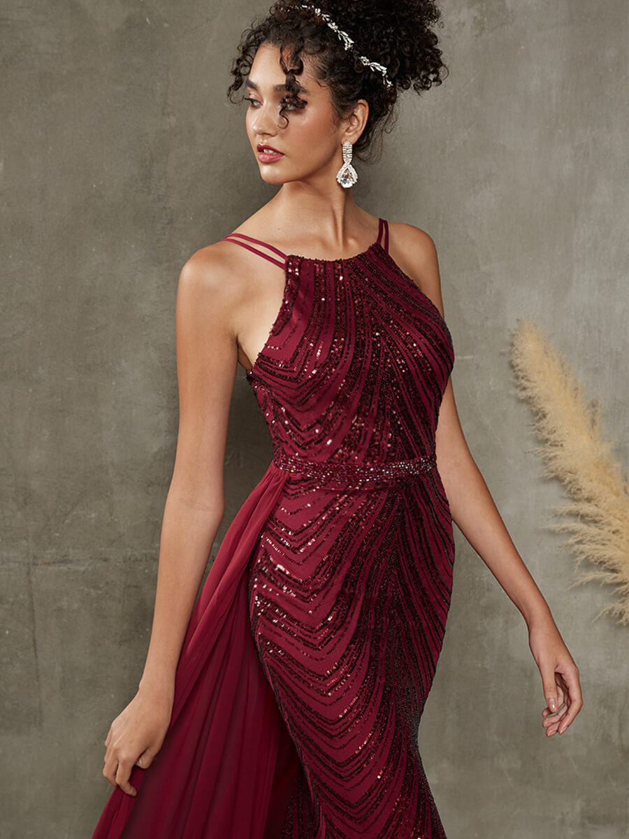 Elegant Burgundy Convertible Halter Sequin Floor Length Formal Evening Gown for Prom, Wedding & Special Occasions