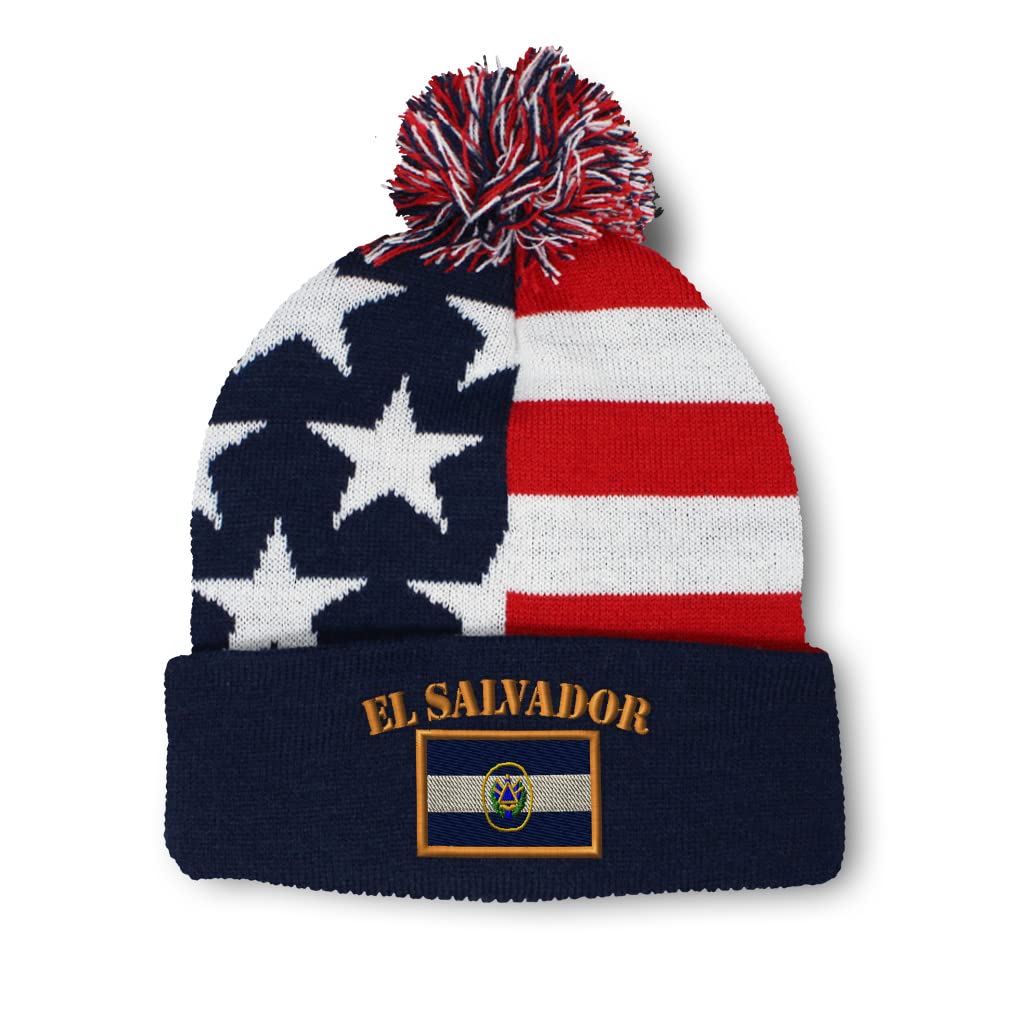 Speedy Pros Women's Pom Pom Beanie with El Salvador Flag Embroidery - Acrylic Skull Cap Winter Hat for Men & Women (One Size Fits All) - Perfect for Cold Weather, Outdoor Activities & National Pride