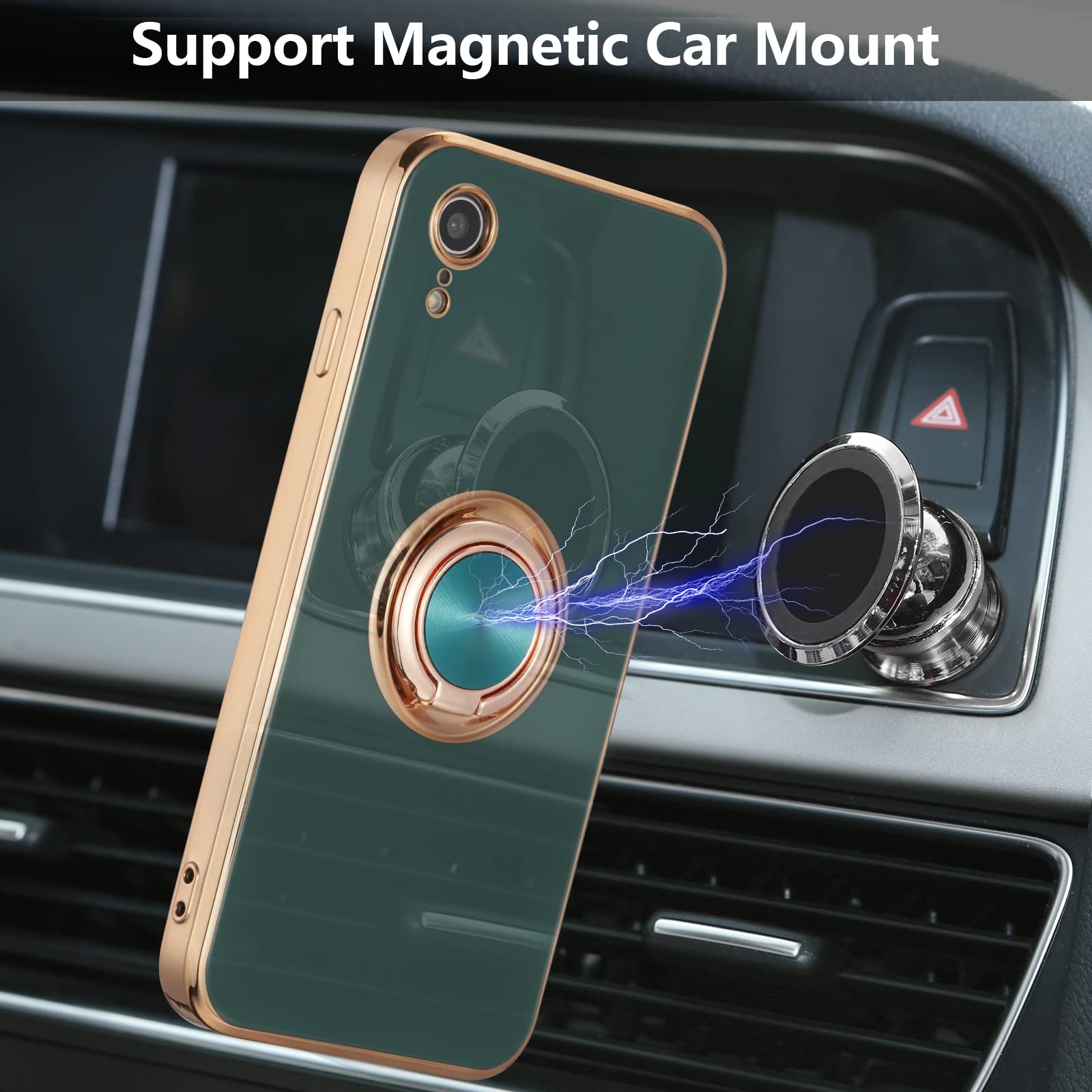 Premium 360° Rotating Magnetic Ring Holder Case for iPhone XR - Shockproof Silicone Cover with Strong Electroplated Magnet for Car Mount & Hands-Free Use (Dark Green) | Perfect for Driving, Working & Outdoor Activities
