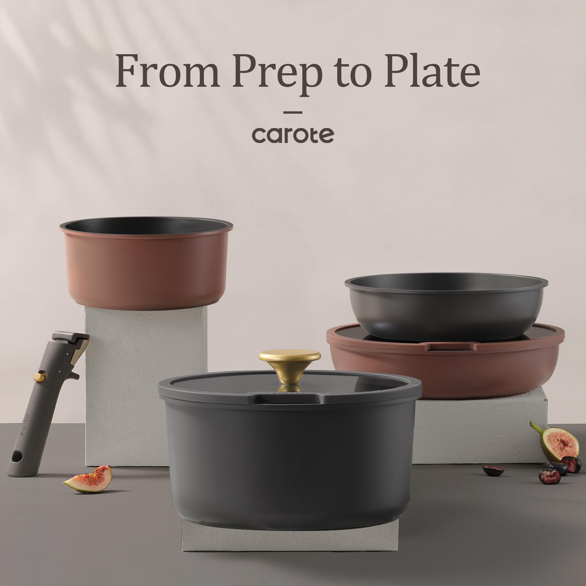 CAROTE 19-Piece Nonstick Cookware Set with Detachable Handles - Induction Compatible Pots and Pans Set for RV, Kitchen & Camping - Gold & Burgundy Color