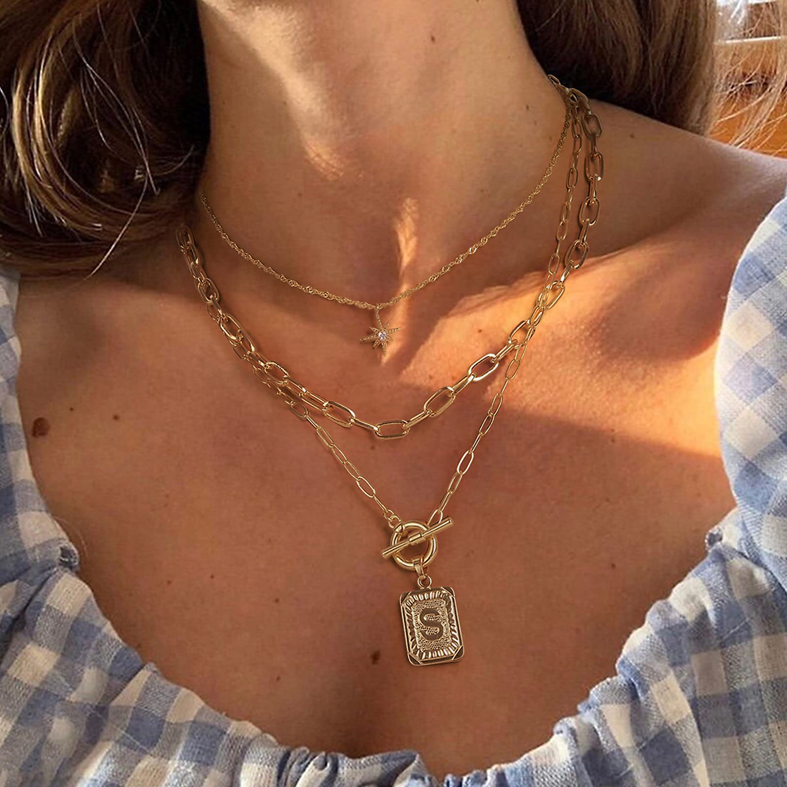MJartoria 14K Gold Plated Initial Necklace for Women - Trendy Layered Star Choker with Square Letter Pendant & Paperclip Chain - Elegant Gold Jewelry Gift for Her - Perfect for Date Nights, Anniversaries and Birthday Gifts
